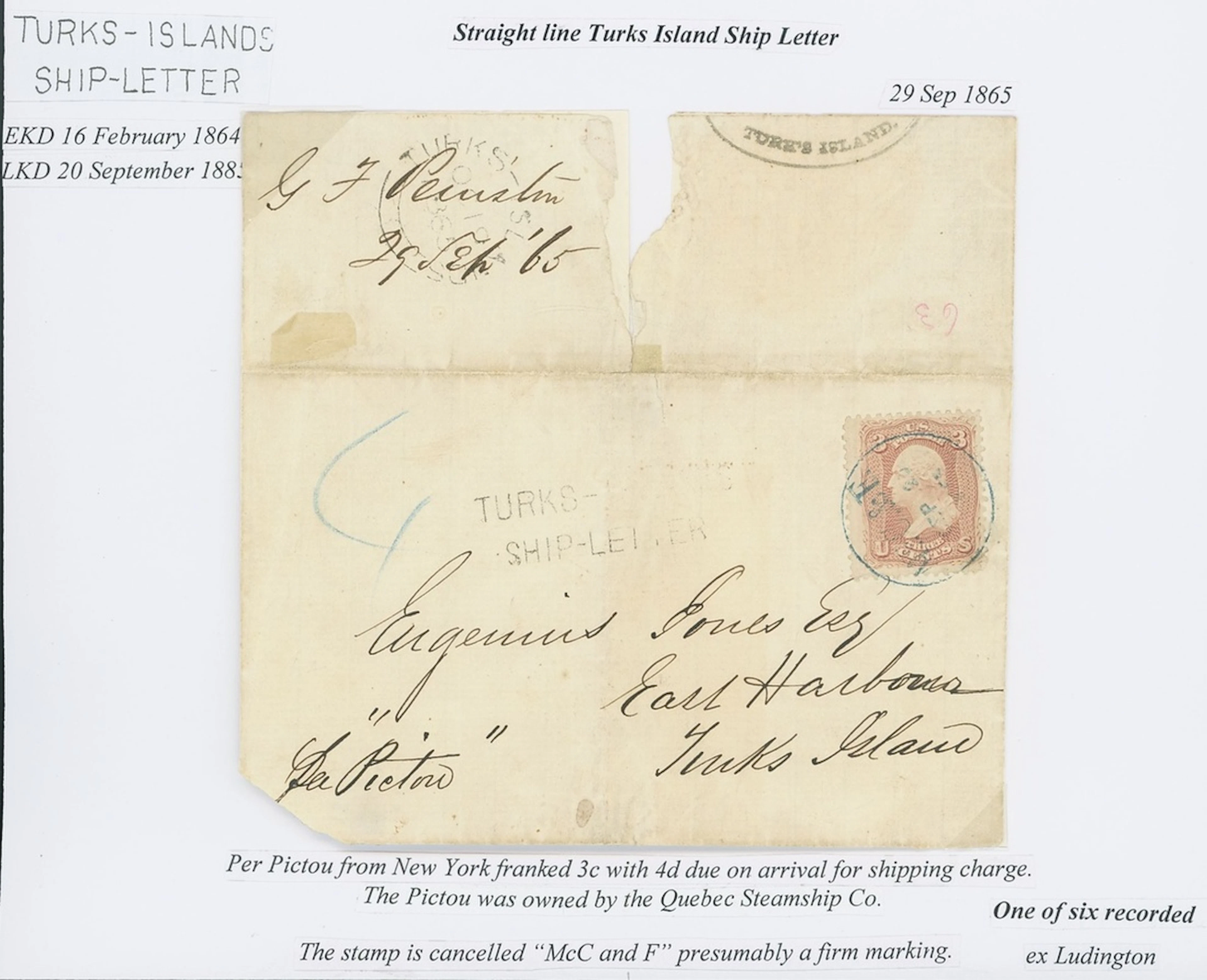 Turks Islands 1865 (29 Sept.) large part entire from New York to East