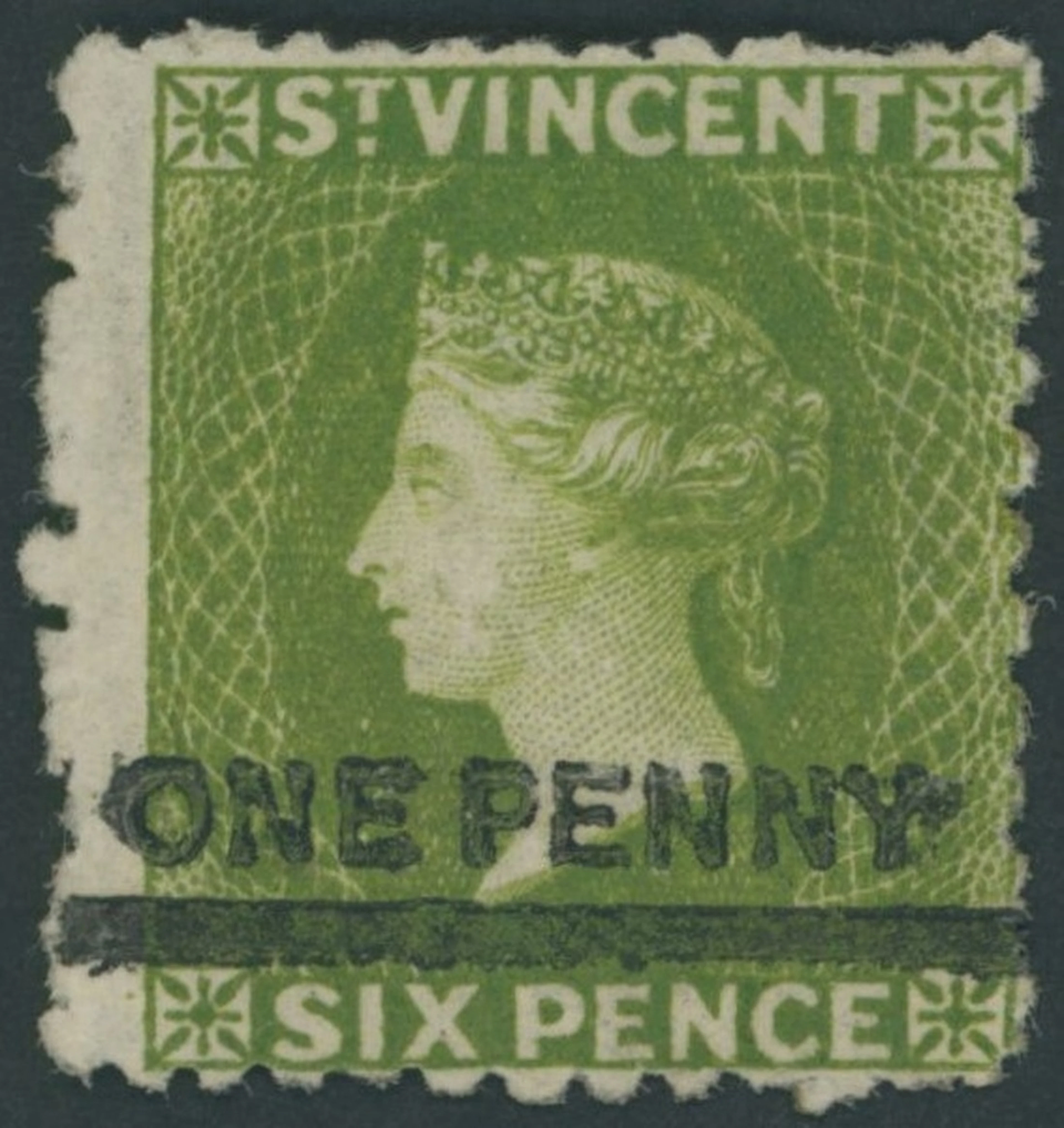 St. Vincent 1881 "one penny" on 6d. bright green, unused with large