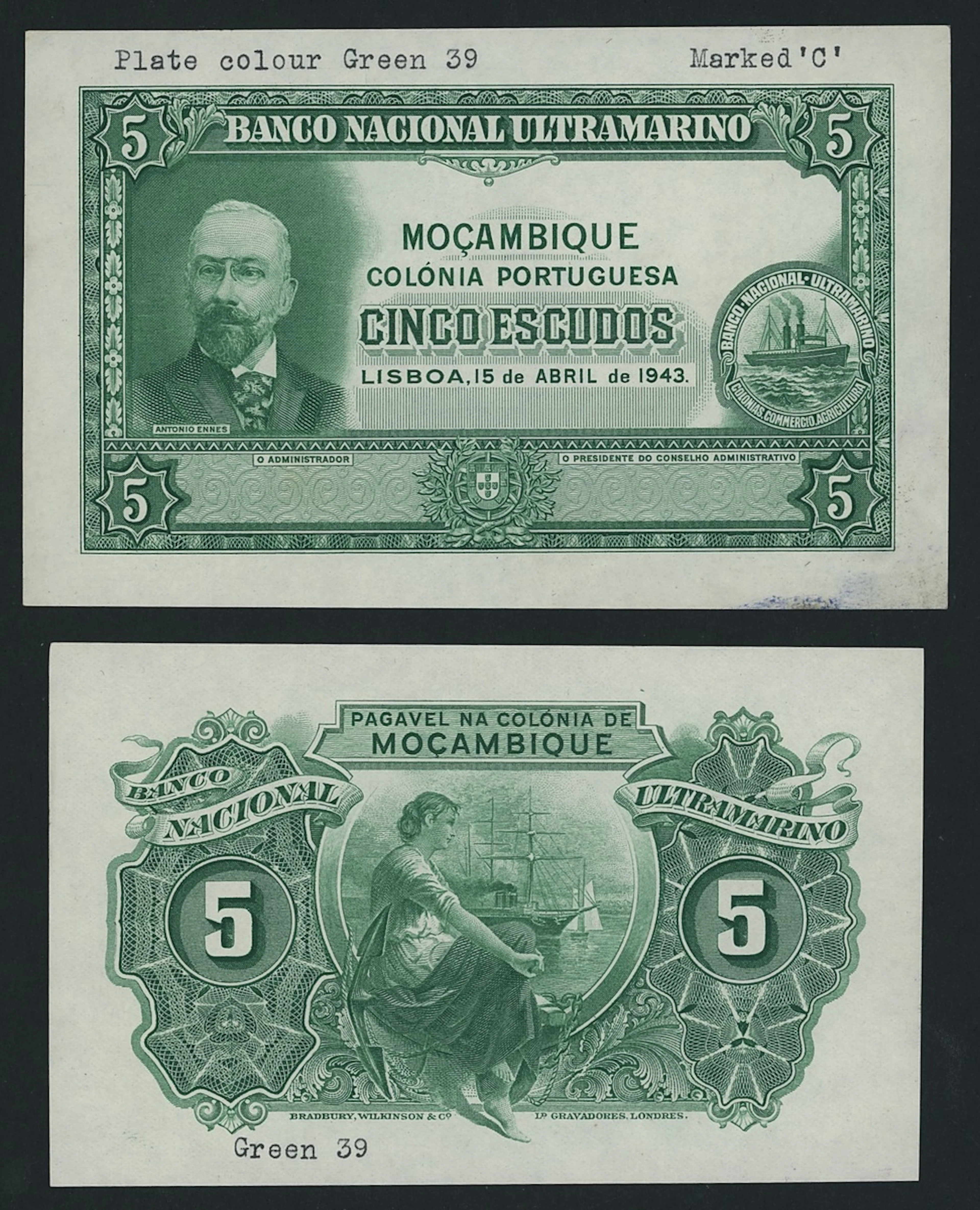 Banco Nacional Ultramarino, Mozambique, [2 notes] front and back proof