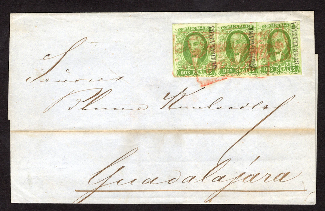 1856 "Hidalgos" Guadalajara. 2r. Green, strip of three, four margins