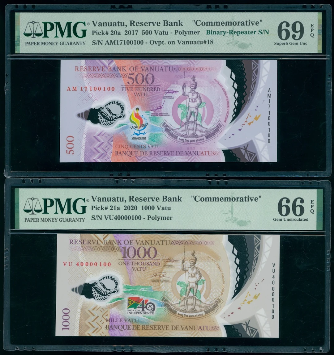 Reserve Bank of Vanuatu, a pair of serial number 100 notes, including