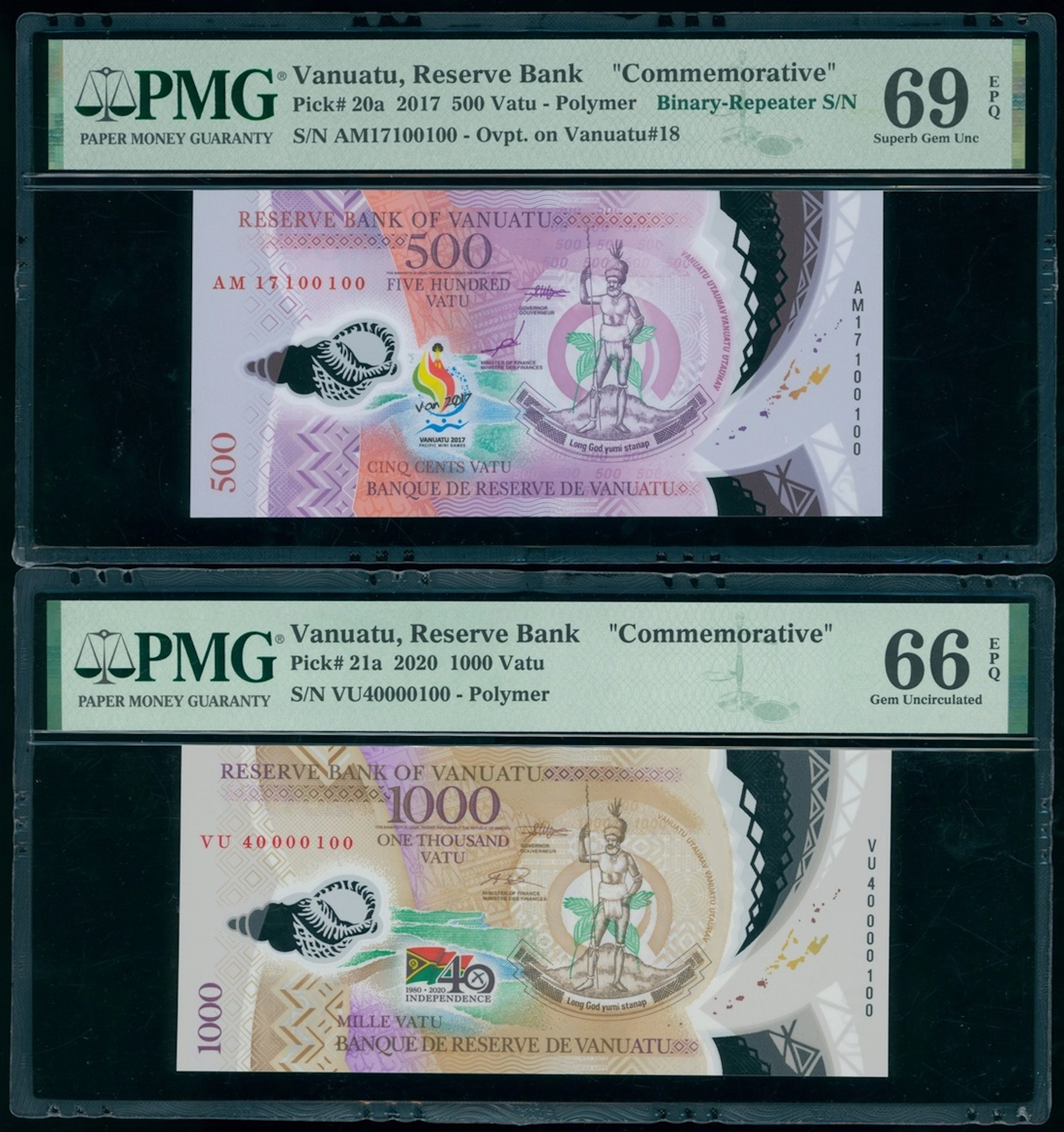 Reserve Bank of Vanuatu, a pair of serial number 100 notes, including
