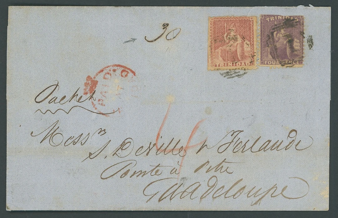 Trinidad Covers and Cancellations 1862 (8 Dec.) entire to Guadeloupe