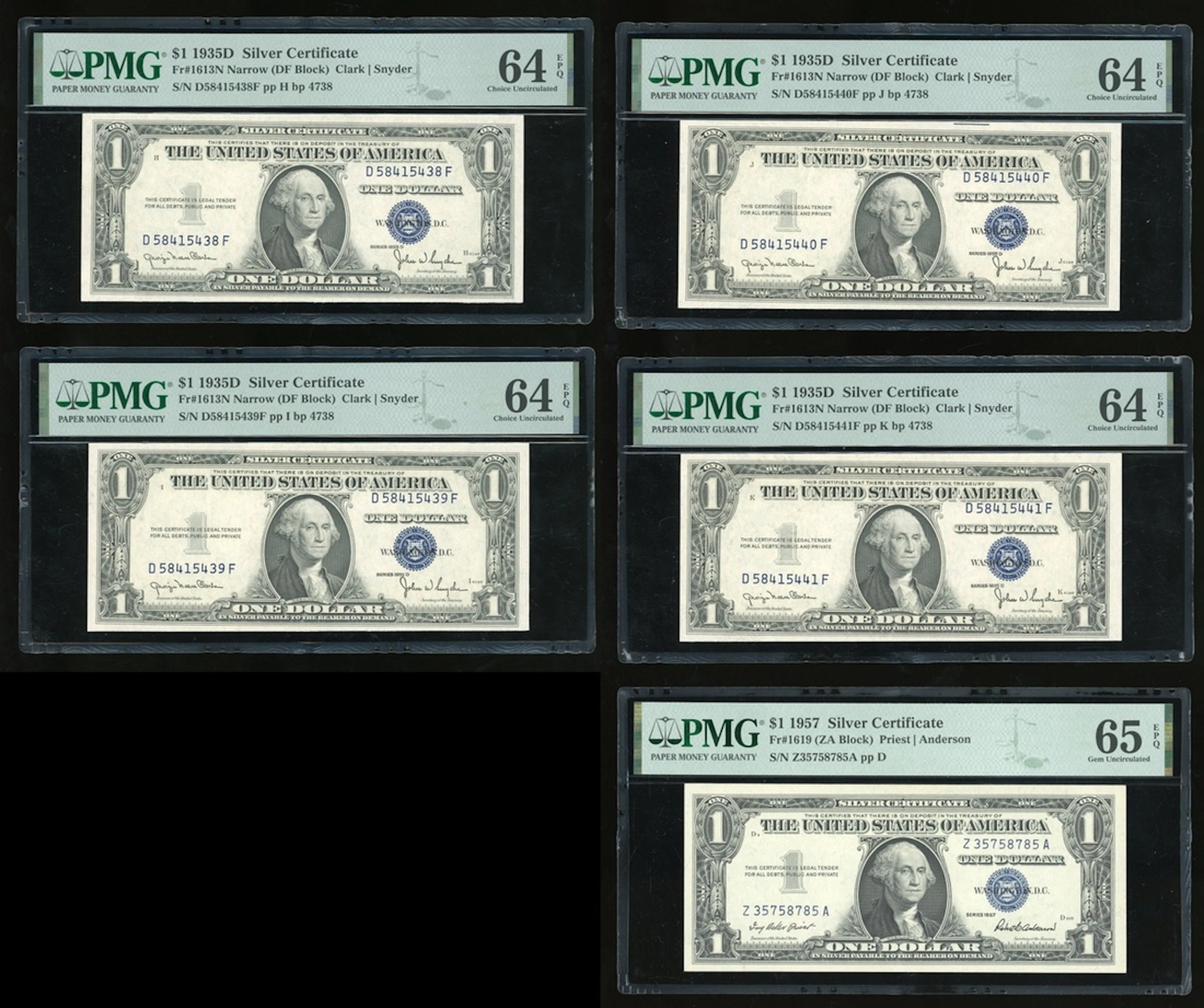 United States, Silver Certificate, $1 (5), including consecutive 1935D