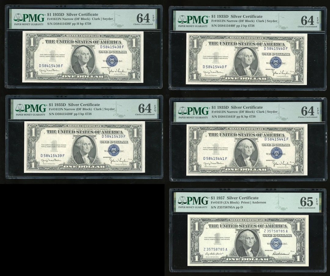 United States, Silver Certificate, $1 (5), including consecutive 1935D