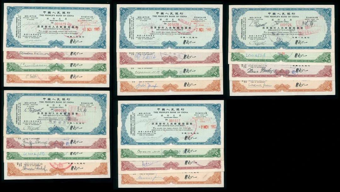 People's Bank of China, 5x sets of travellers cheques for 10, 20