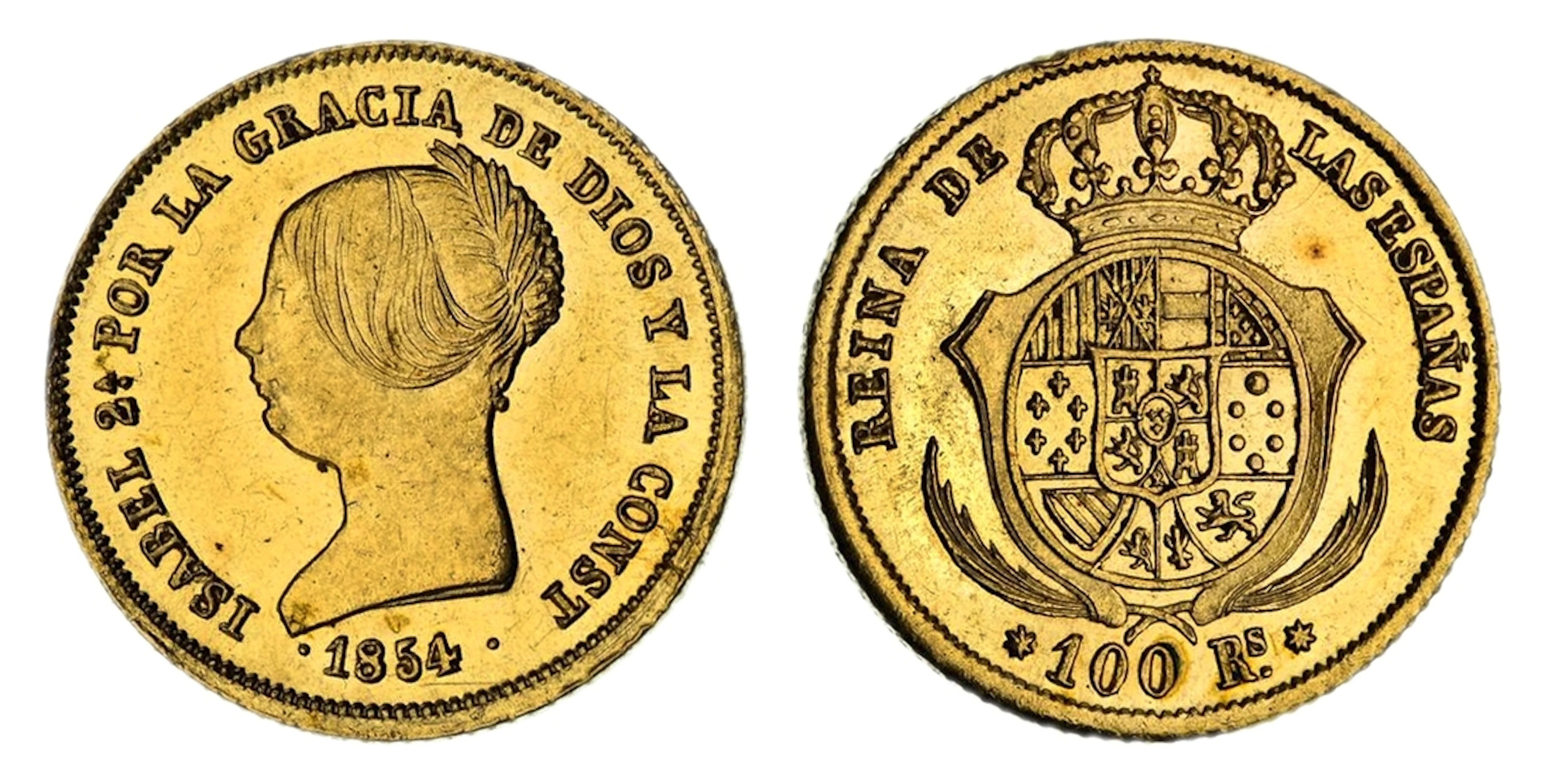 NGC MS62 | Spain, Isabella II (1851-1855), Gold 100-Reales, 1854