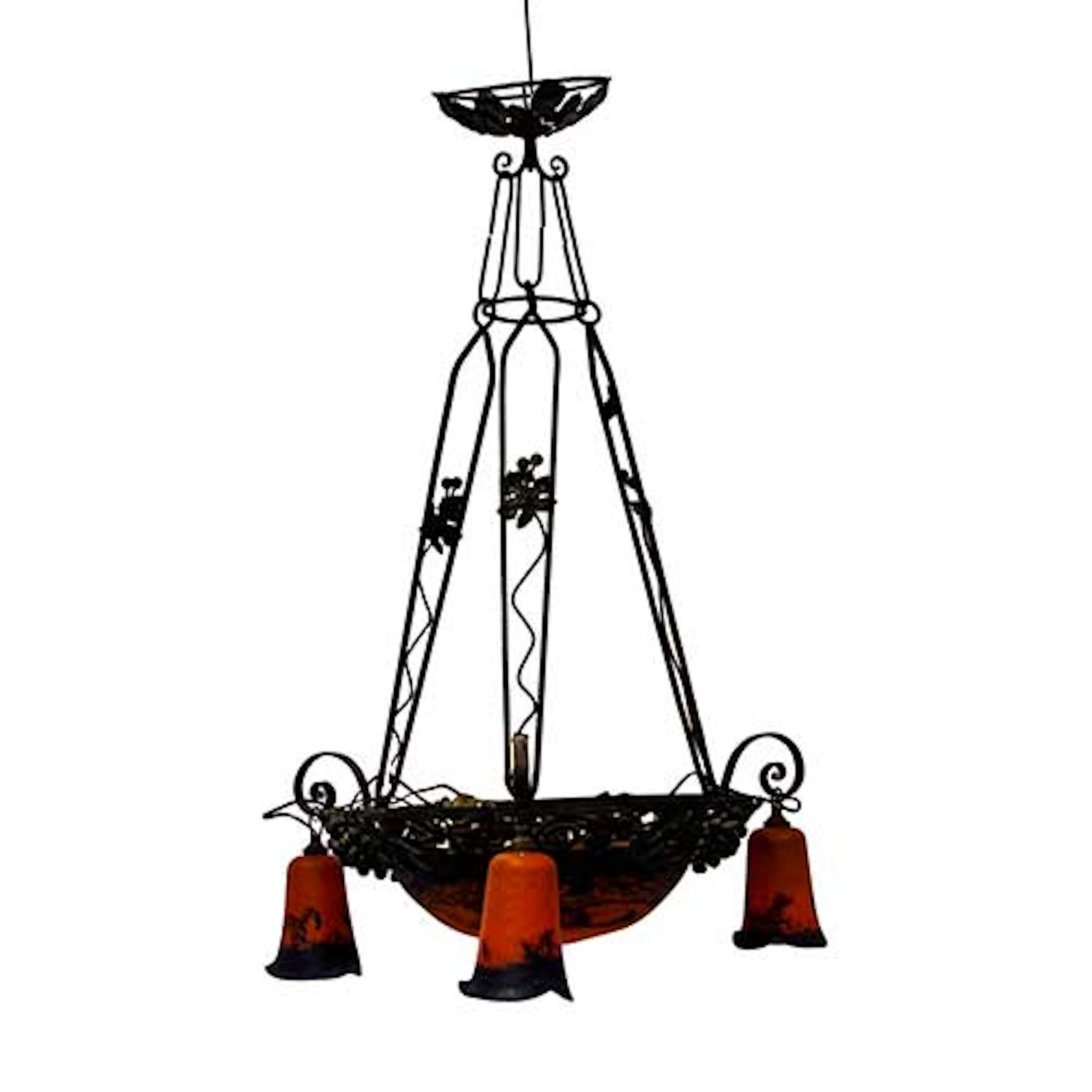 Lmpara estilo Art Deco realizada en hierro forjado y pte de verre color naranja
