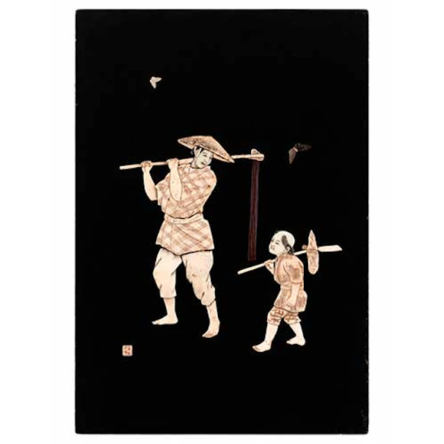 Pareja de relieves orientales tallados con escenas de campesinos realizados