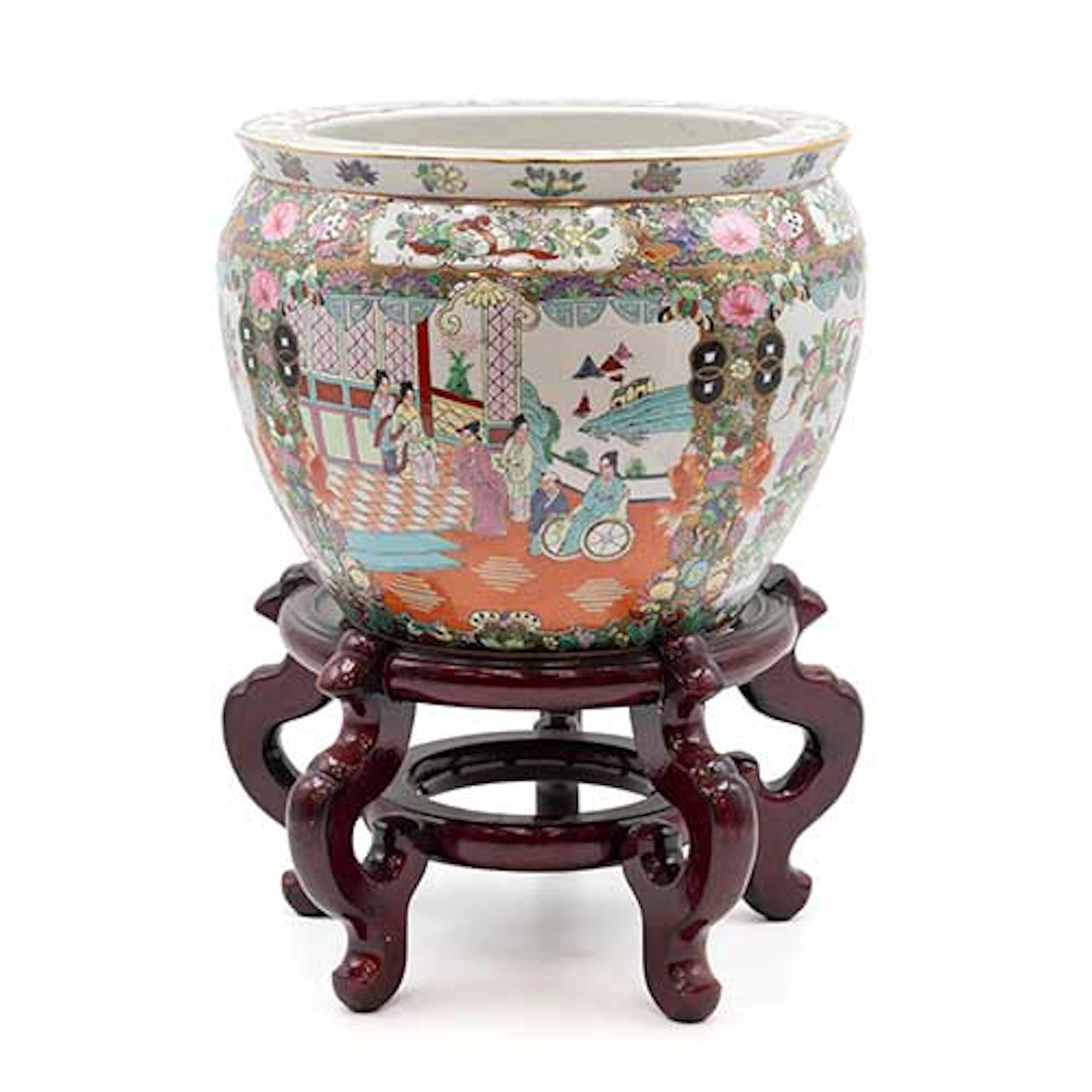 Pecera china estilo cantn en porcelana con soporte de madera