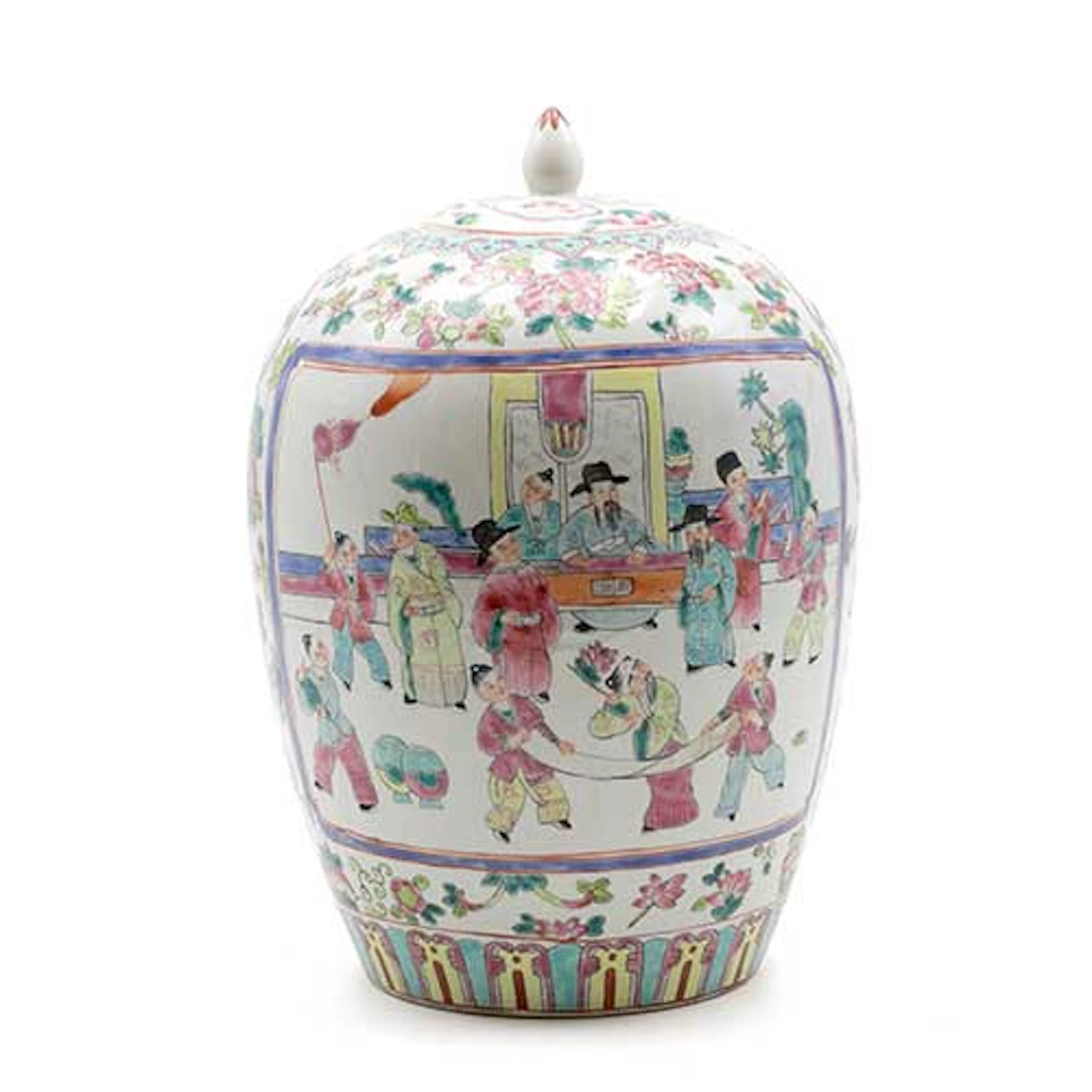 Tibor en porcelana china Cantn decorado con escena cortesana rodeada