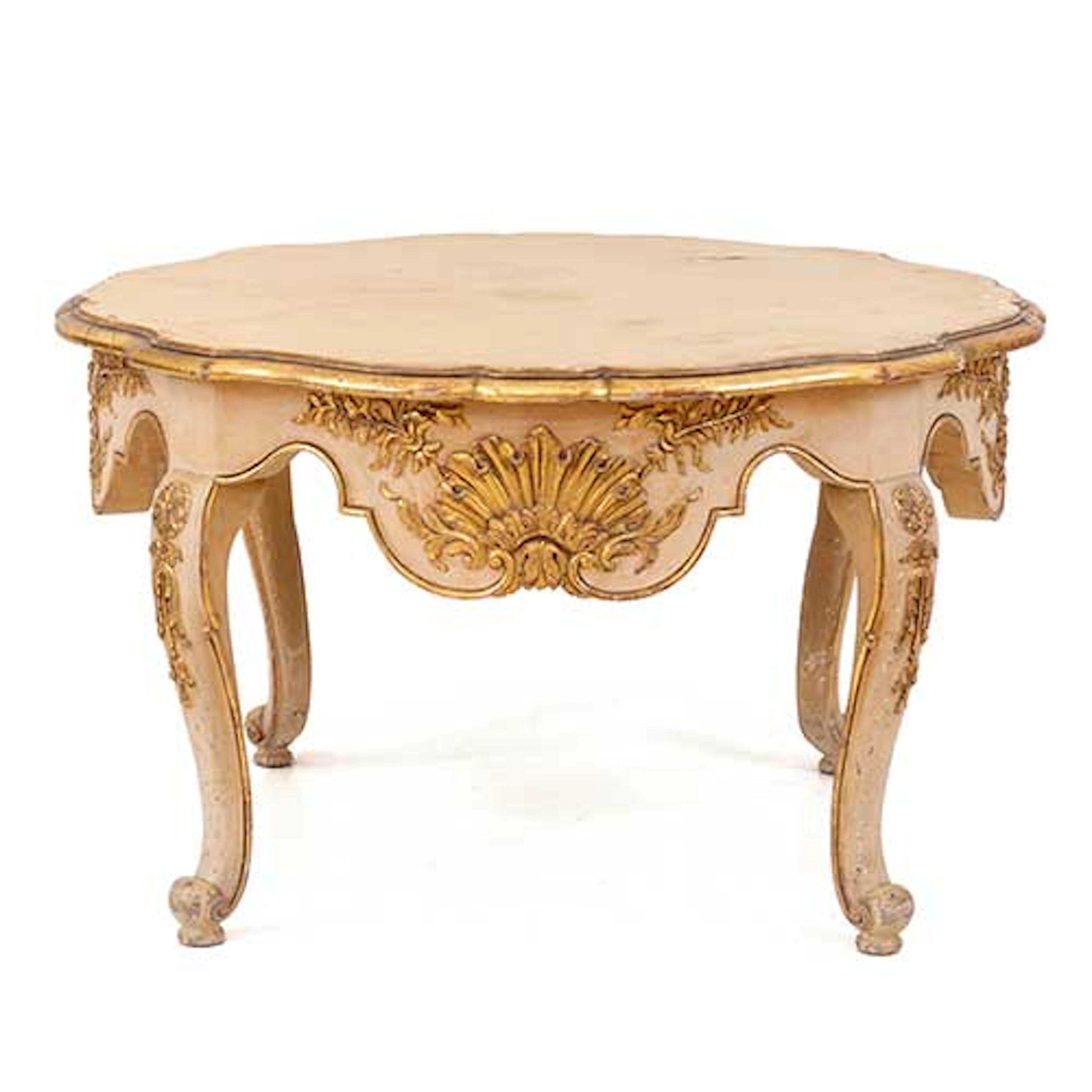 Mesa redonda baja en madera lacada y dorada