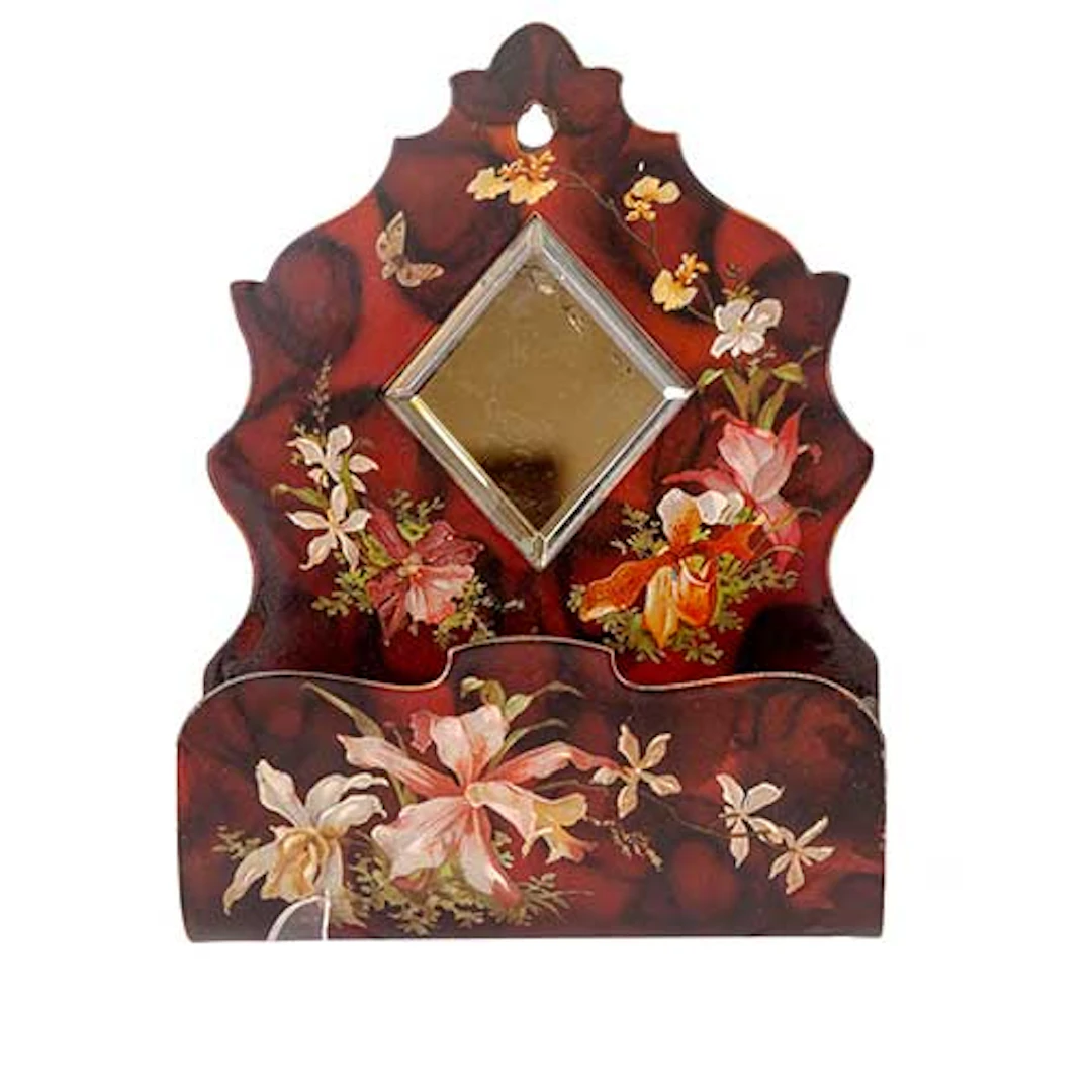 Vacia-bolsillos de pared con espejo en madera patinada con decoracin floral.