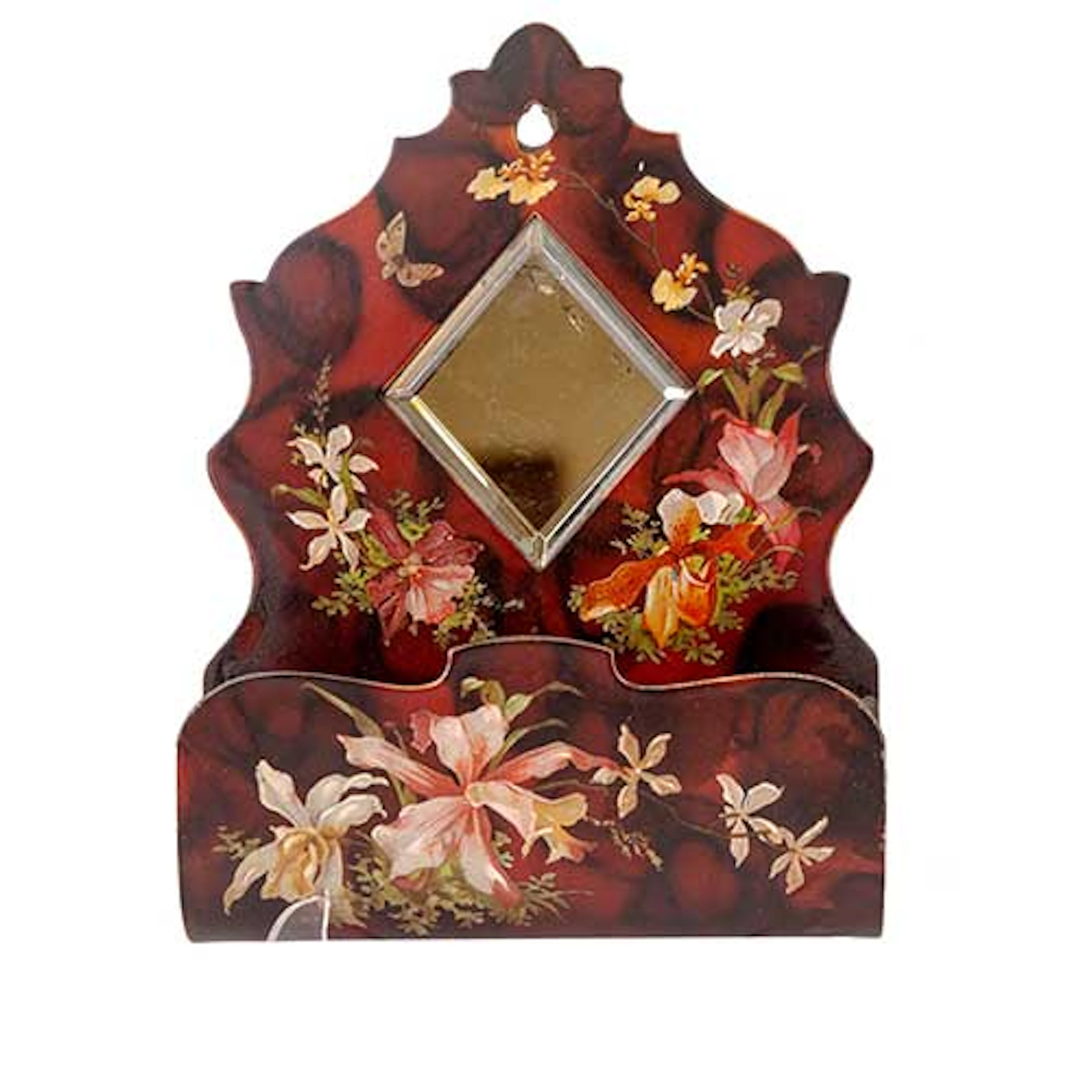 Vacia-bolsillos de pared con espejo en madera patinada con decoracin floral.