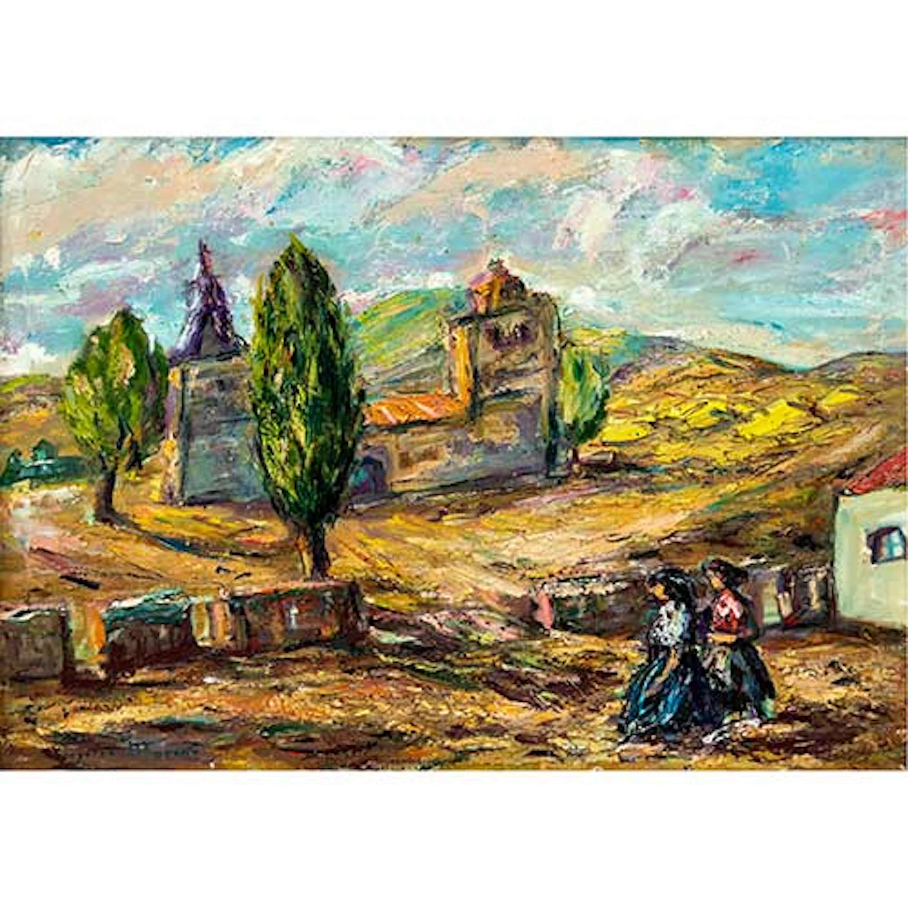 Paisaje con iglesias y personajes.