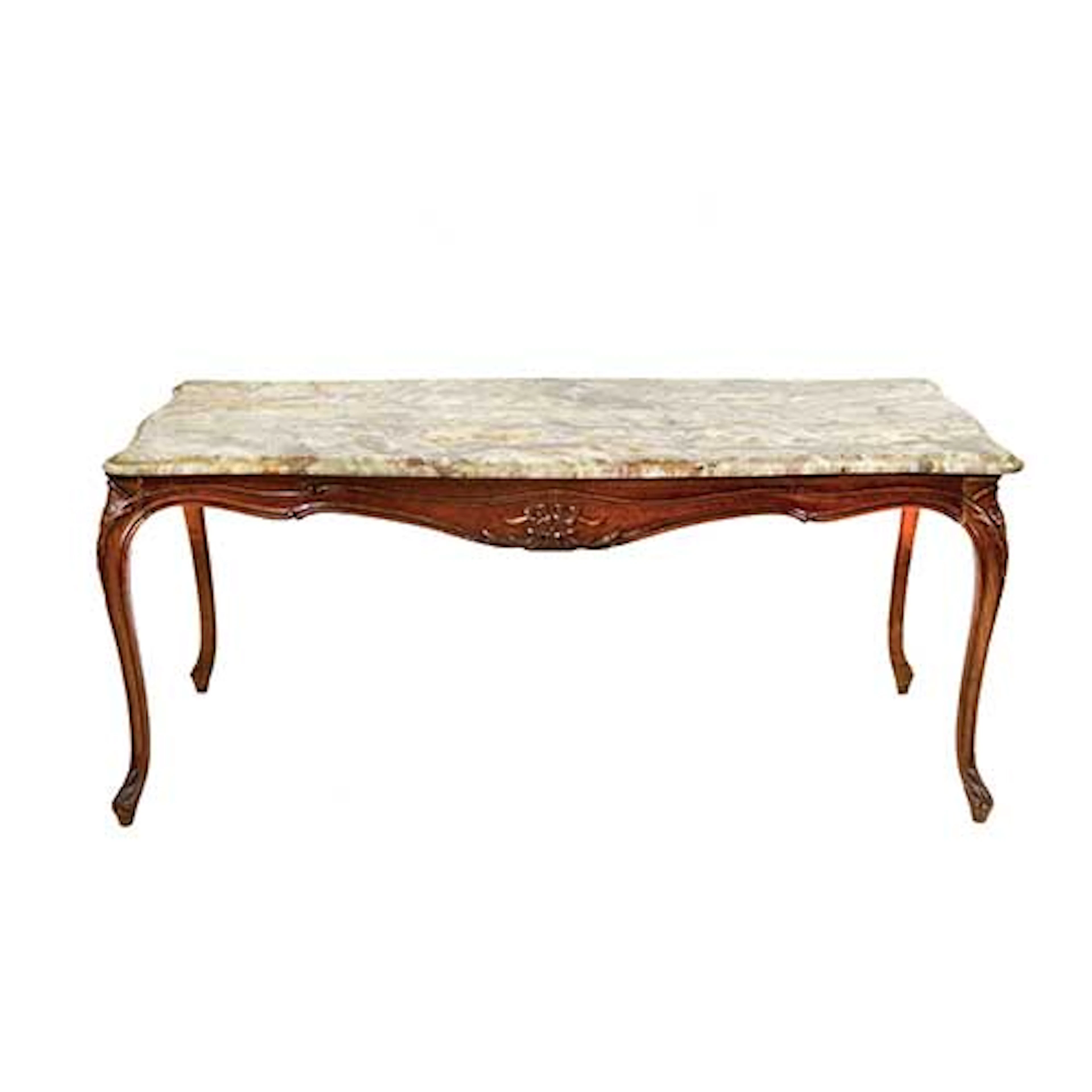 Mesa baja de saln en madera tallada estilo Luis XV, con tapa de mrmol.