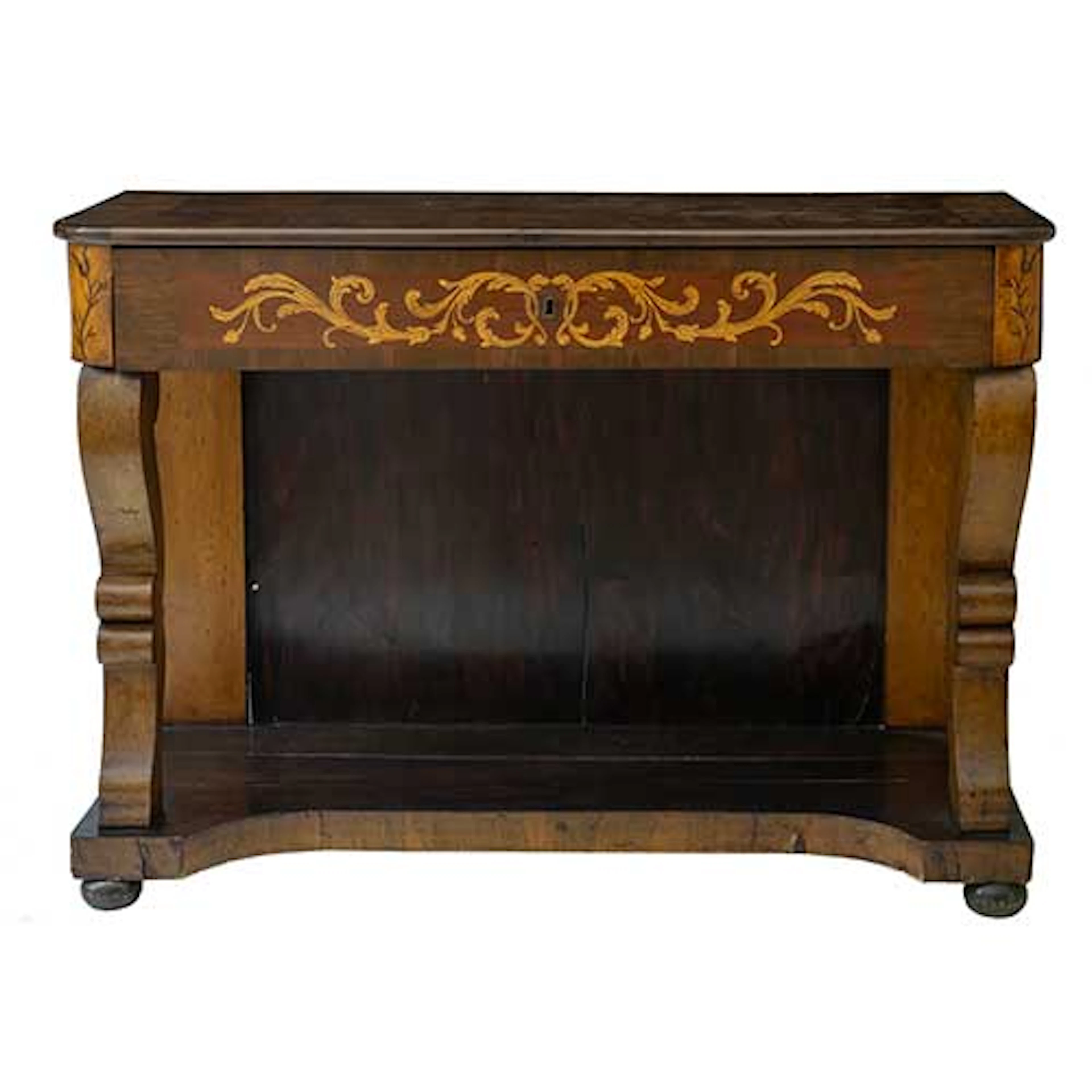 Consola isabelina en madera de nogal, caoba y limoncillo con marquetera