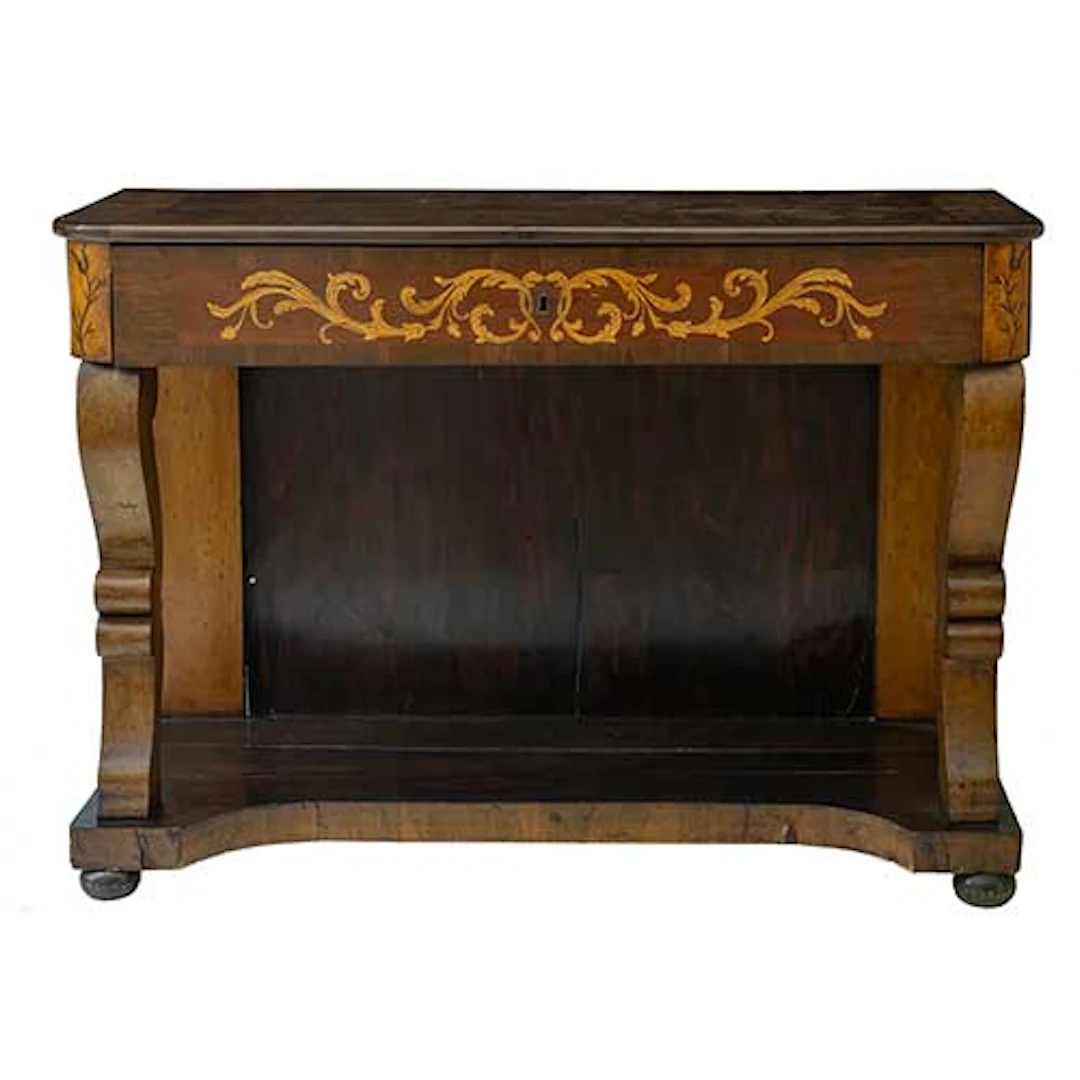 Consola isabelina en madera de nogal, caoba y limoncillo con marquetera