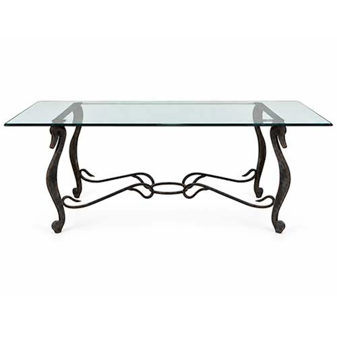 Mesa de comedor en hierro forjado y patinado con tapa de cristal con
