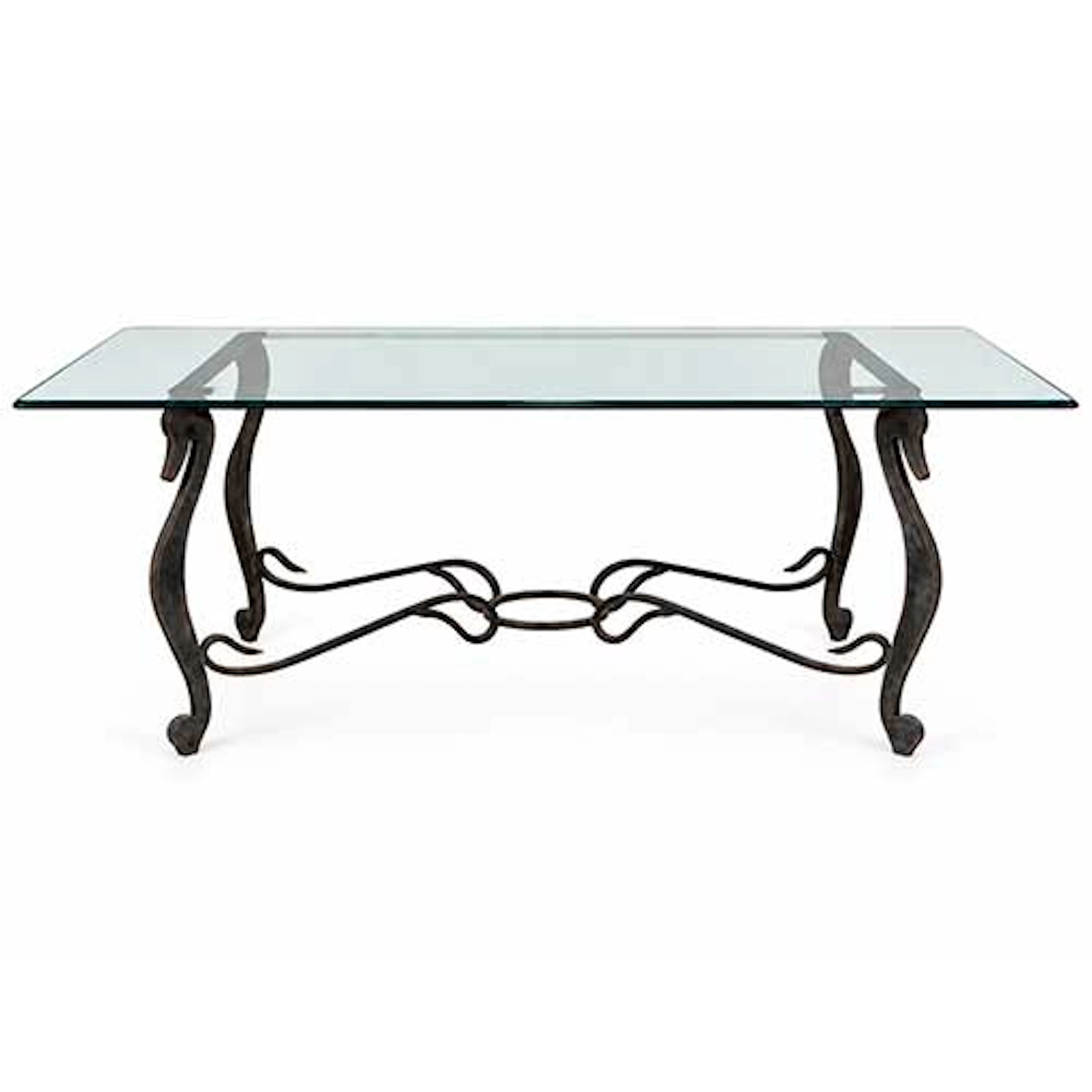 Mesa de comedor en hierro forjado y patinado con tapa de cristal con