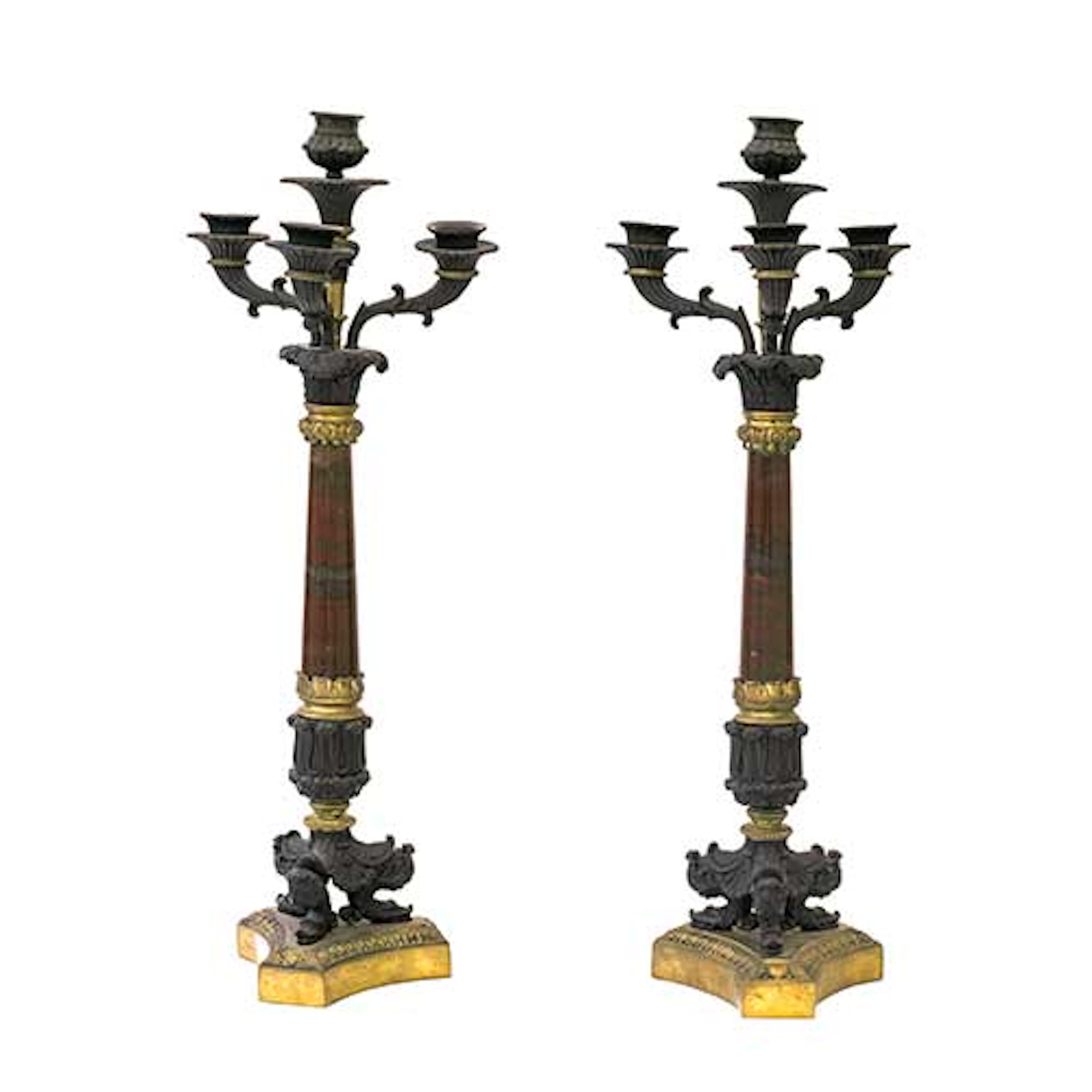 Pareja de candelabros en bronce y mrmol estilo Louis Philippe