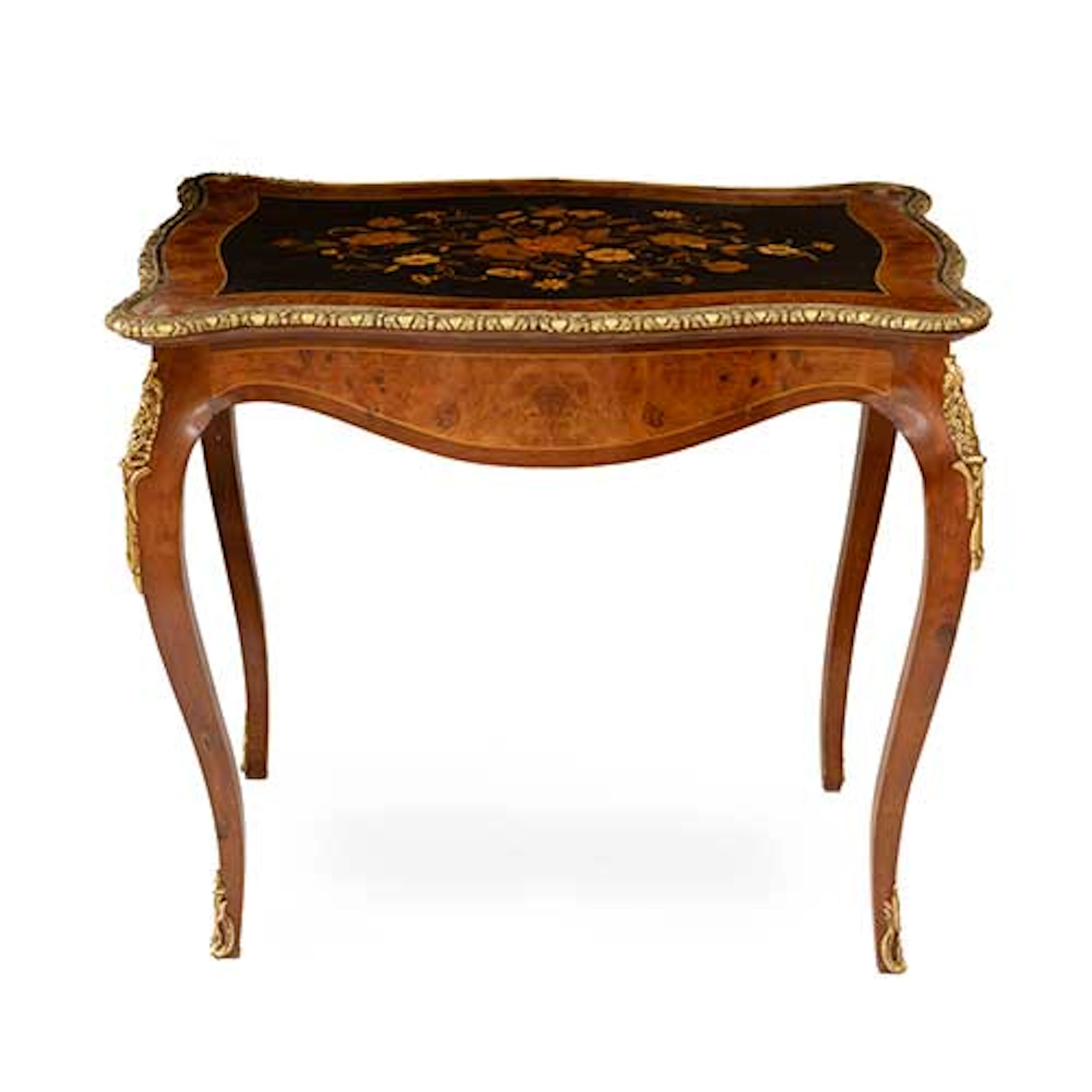 Mesita baja estilo Luis XV en marquetera floral y madera de raz con
