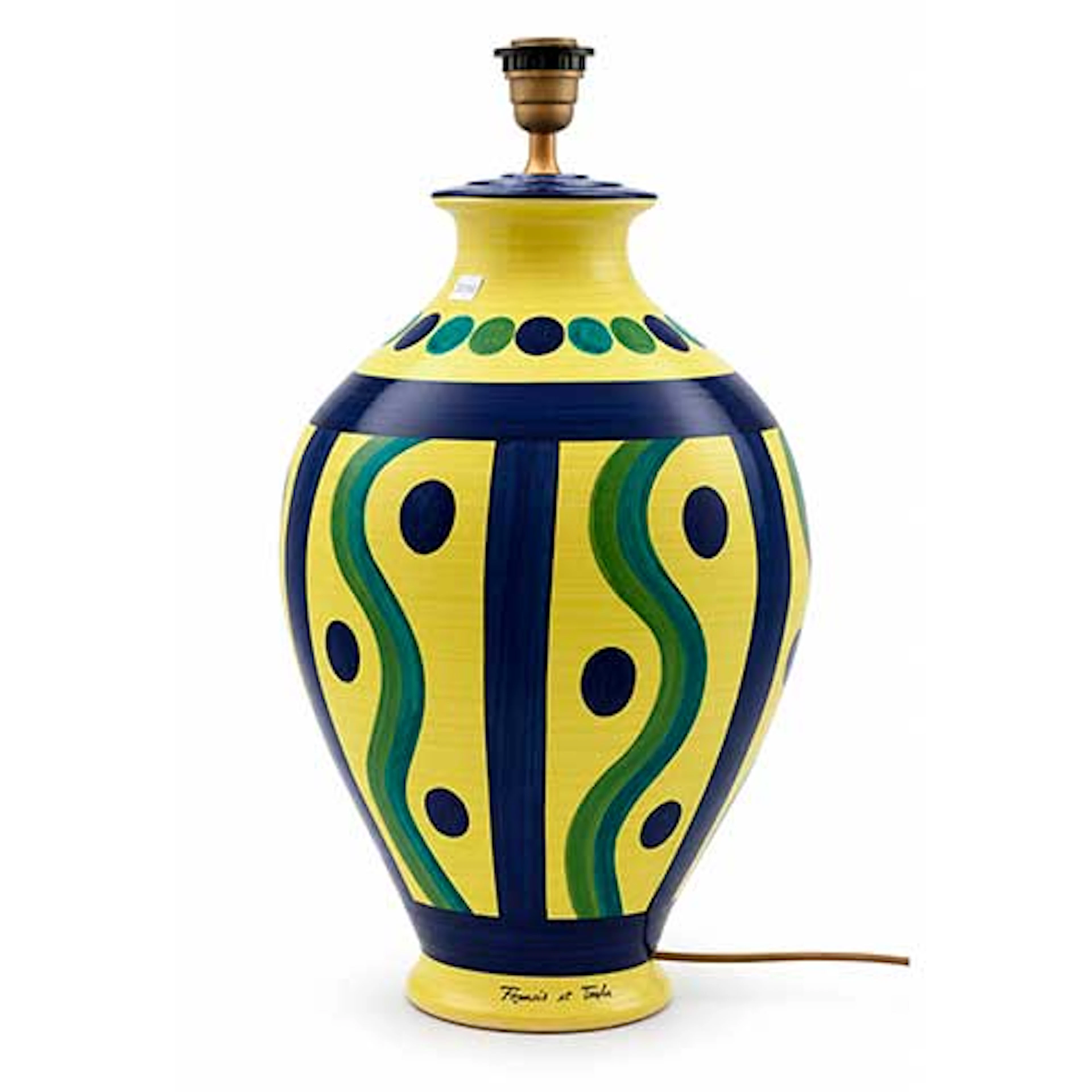 Lmpara de sobremesa en ceramica con decoracin pintada en azul verde y amarillo