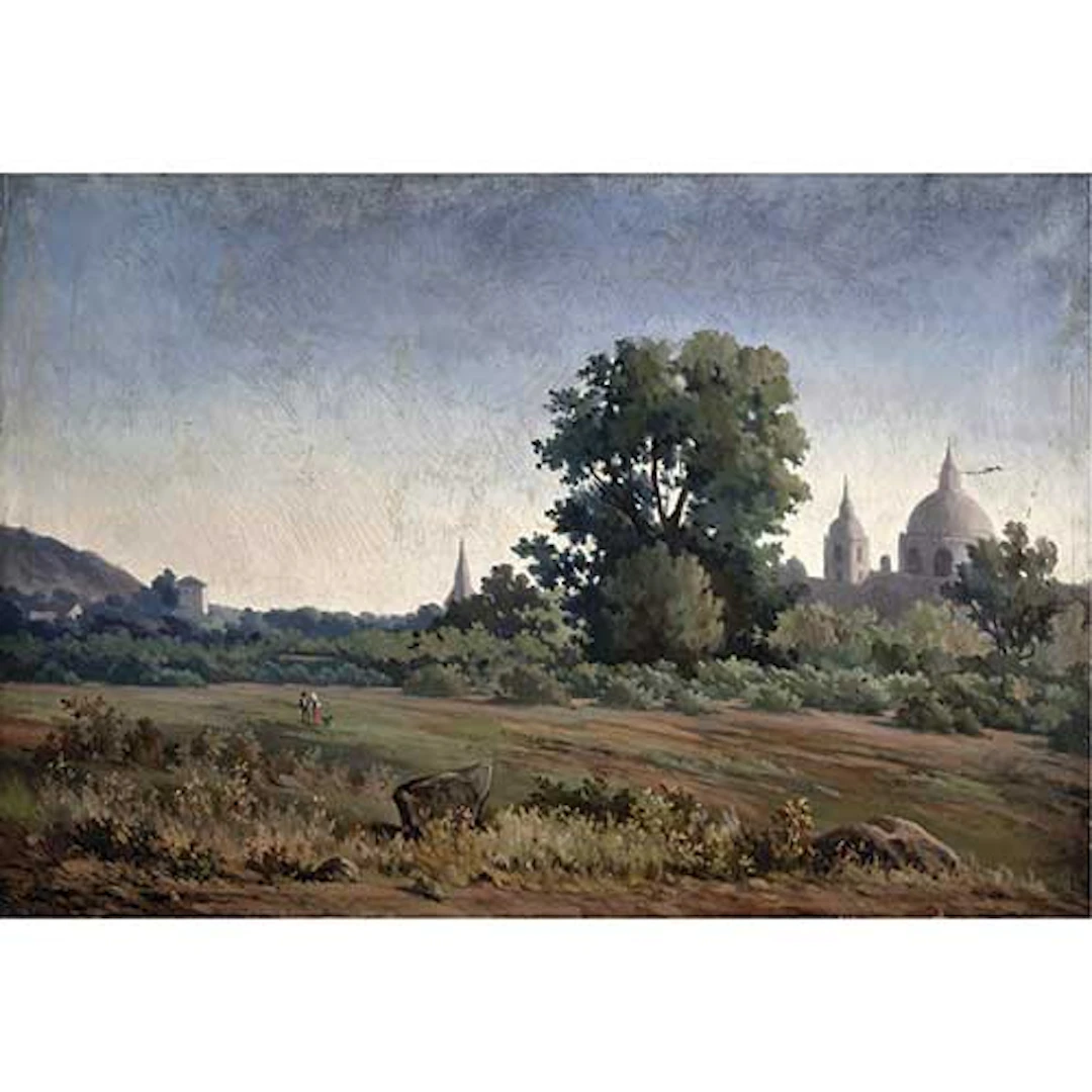 Paisaje con campesinos e iglesia