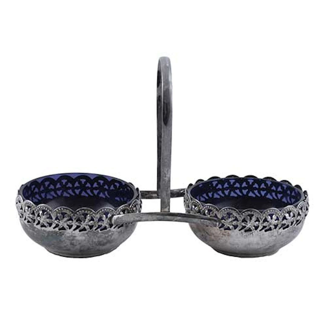 Saleros en metal plateado y cristal azul