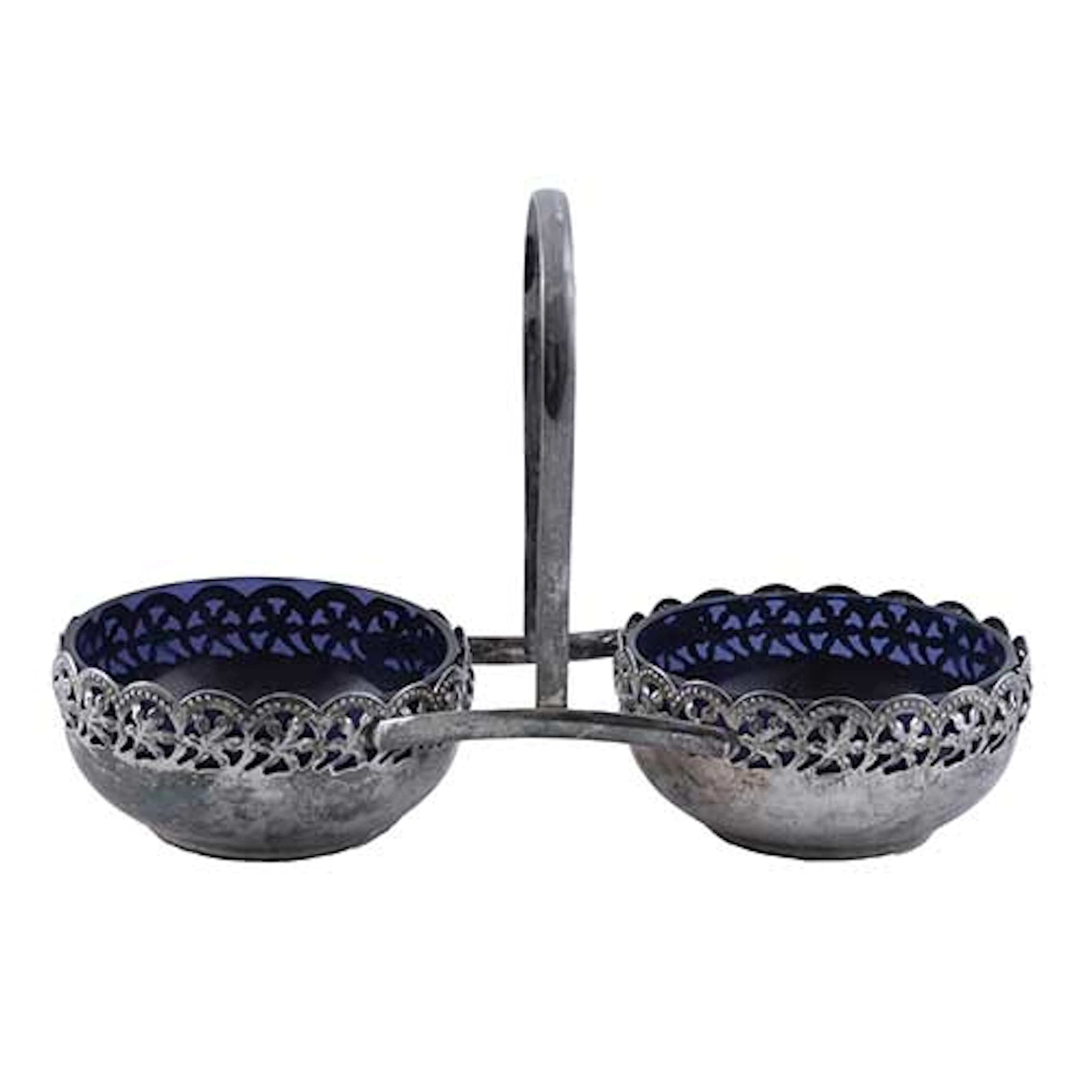 Saleros en metal plateado y cristal azul