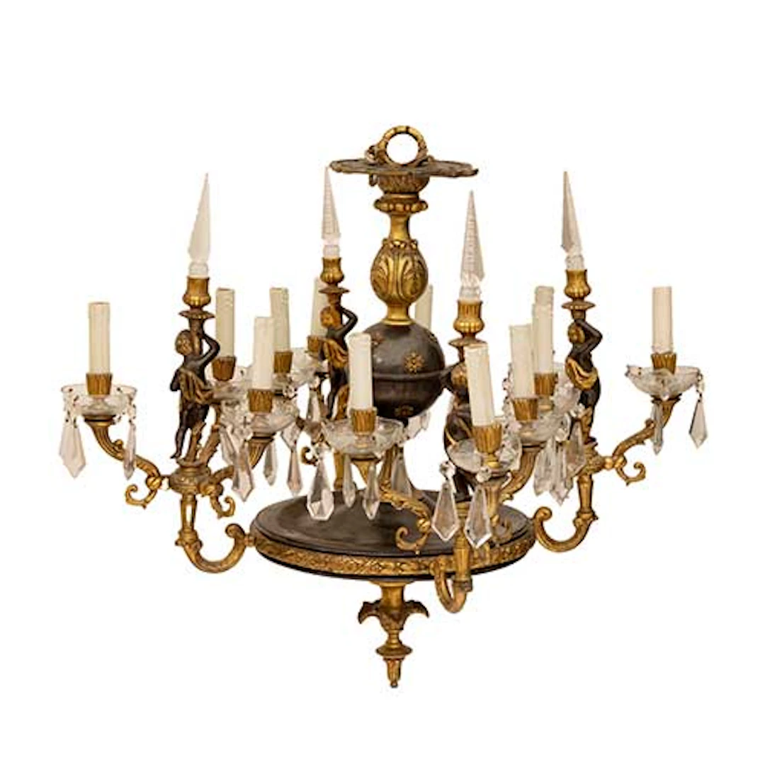 Lampara en bronce y cristal con figuras de nios de 12 luces