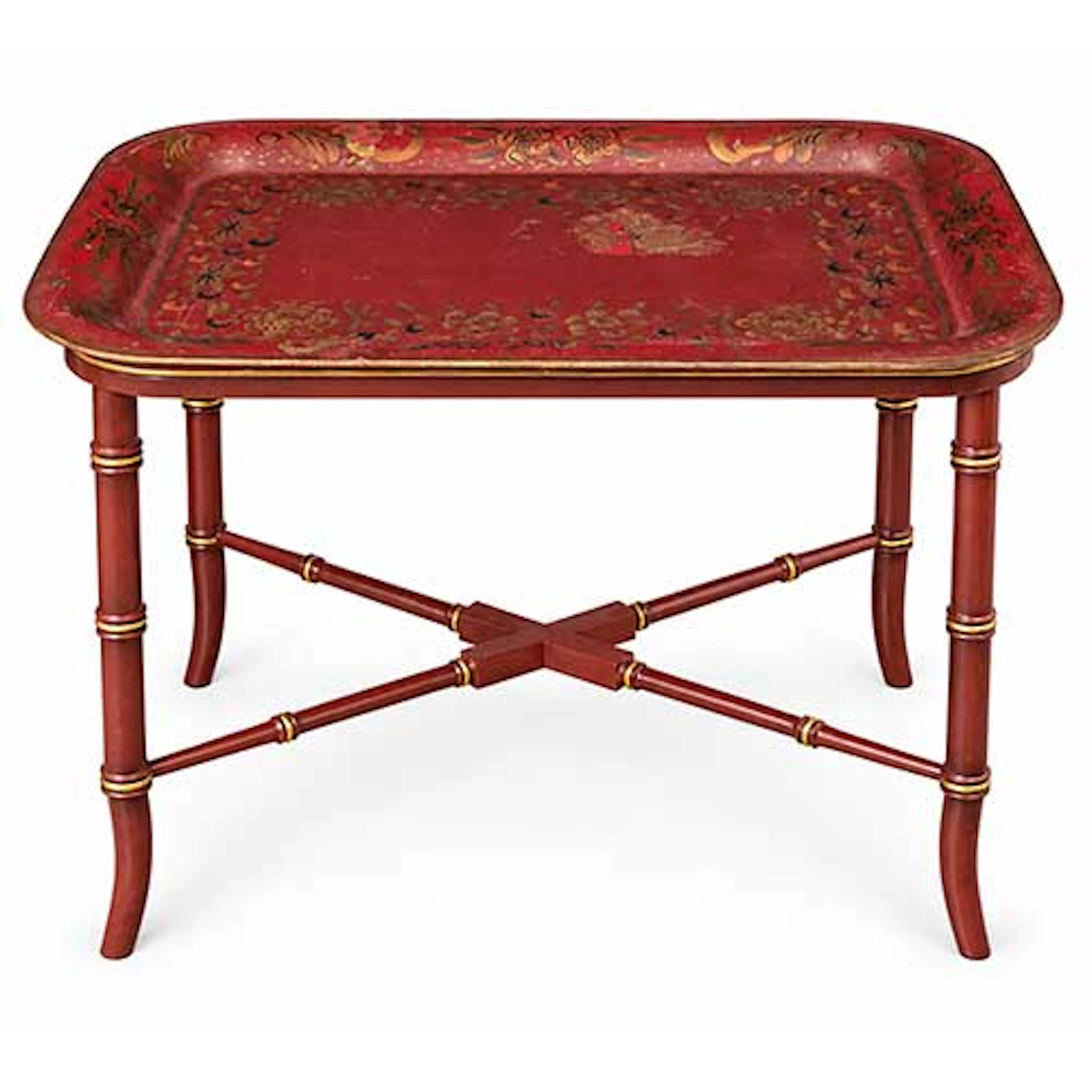 Mesa con bandeja metlica lacada en rojo y pintada sobre patas simulando bamb