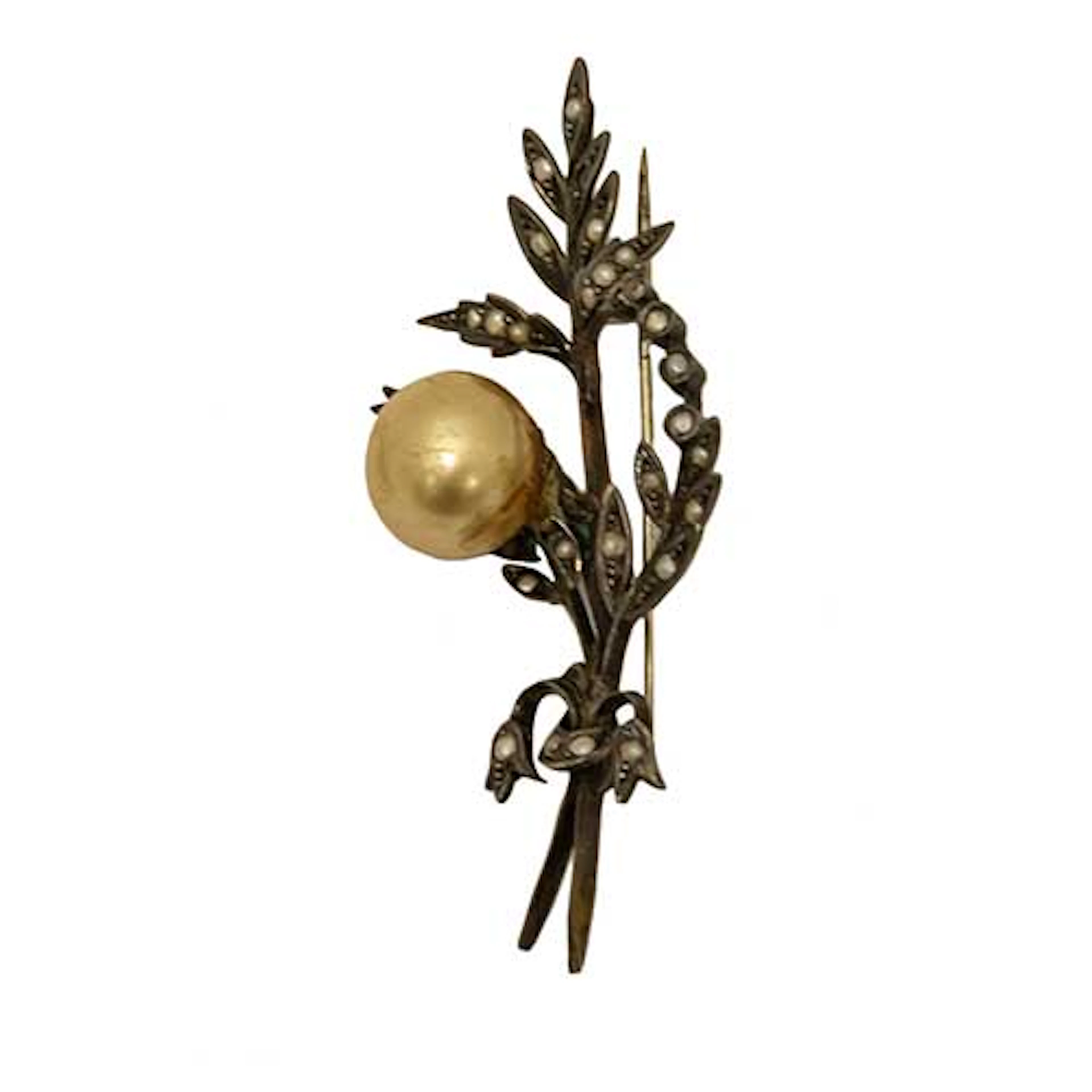 Broche vegetal en plata con perla grande central
