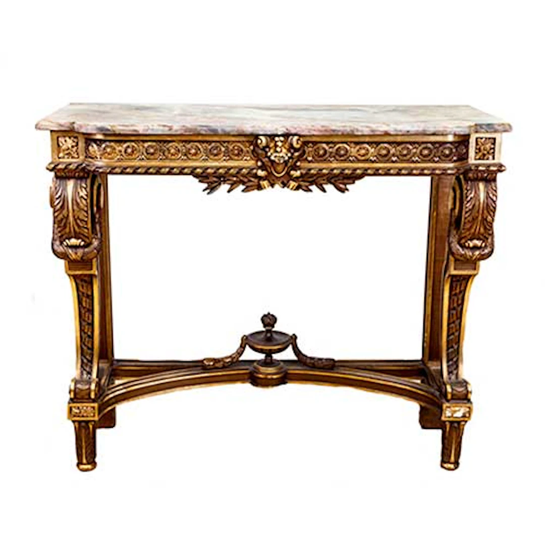 Consola estilo Luis XVI en madera ricamente tallada y dorada, con