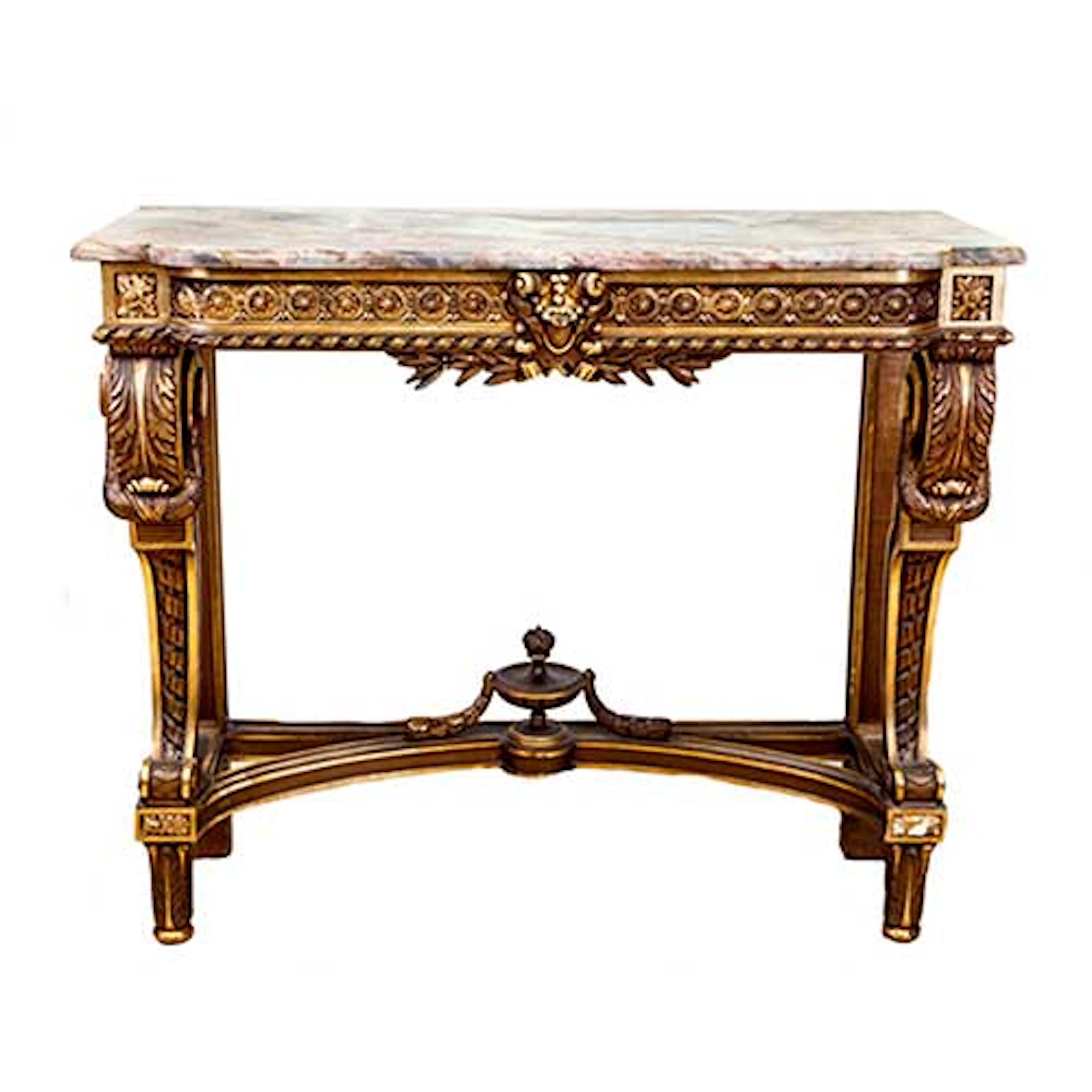 Consola estilo Luis XVI en madera ricamente tallada y dorada, con