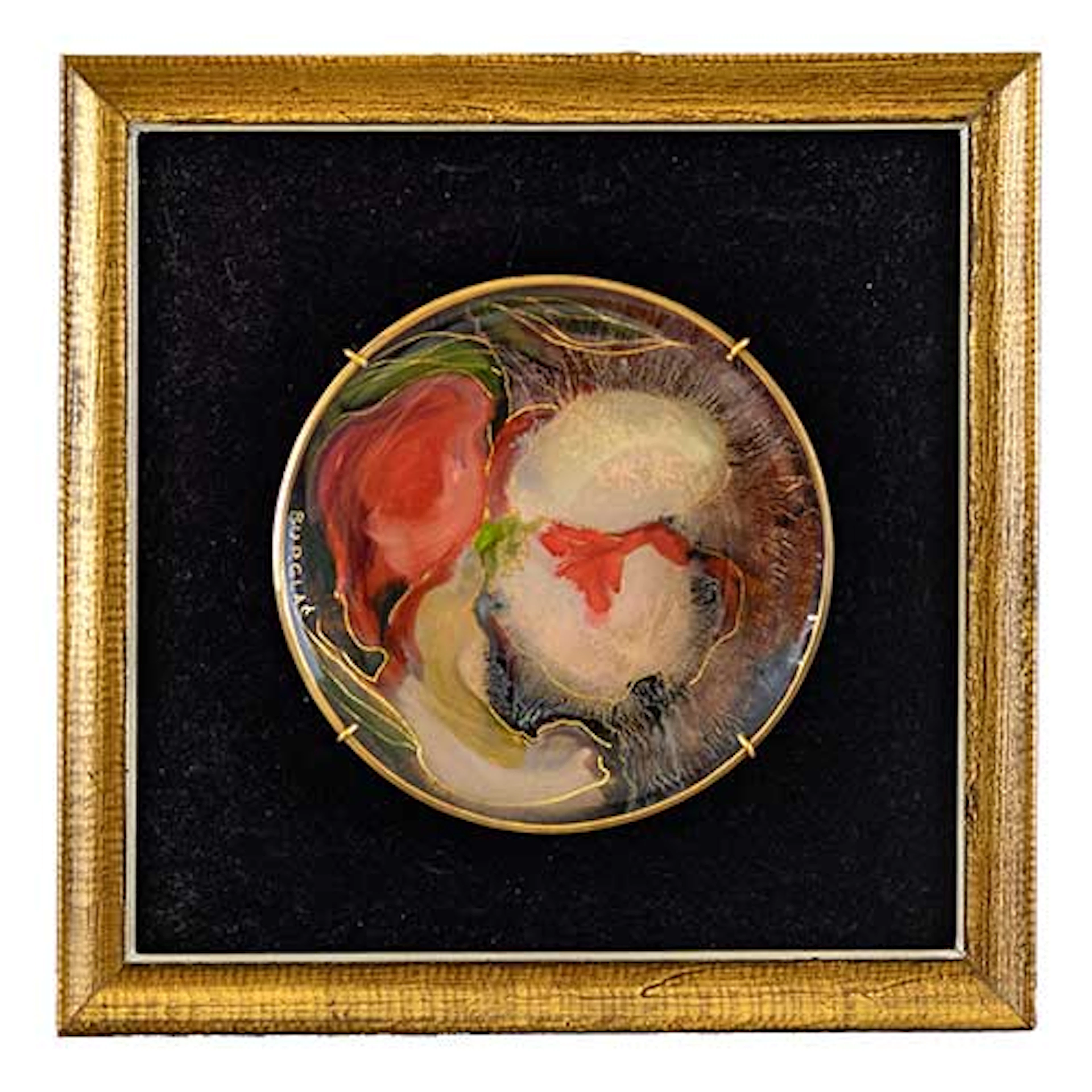 Pareja de platos en cristal pintado enmarcados. Firmados Burglas.