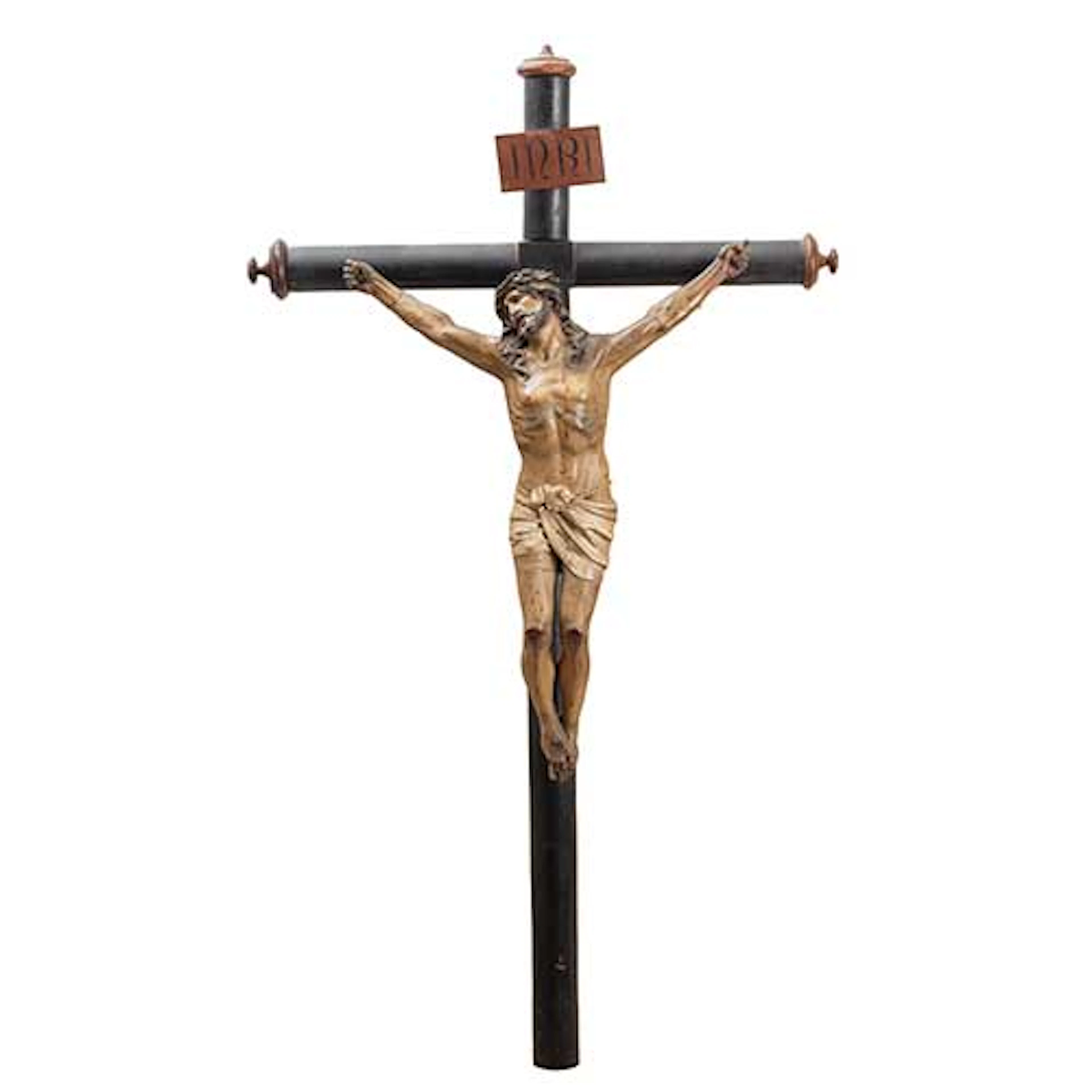 Cristo en estuco con cruz de madera con sello de Olot