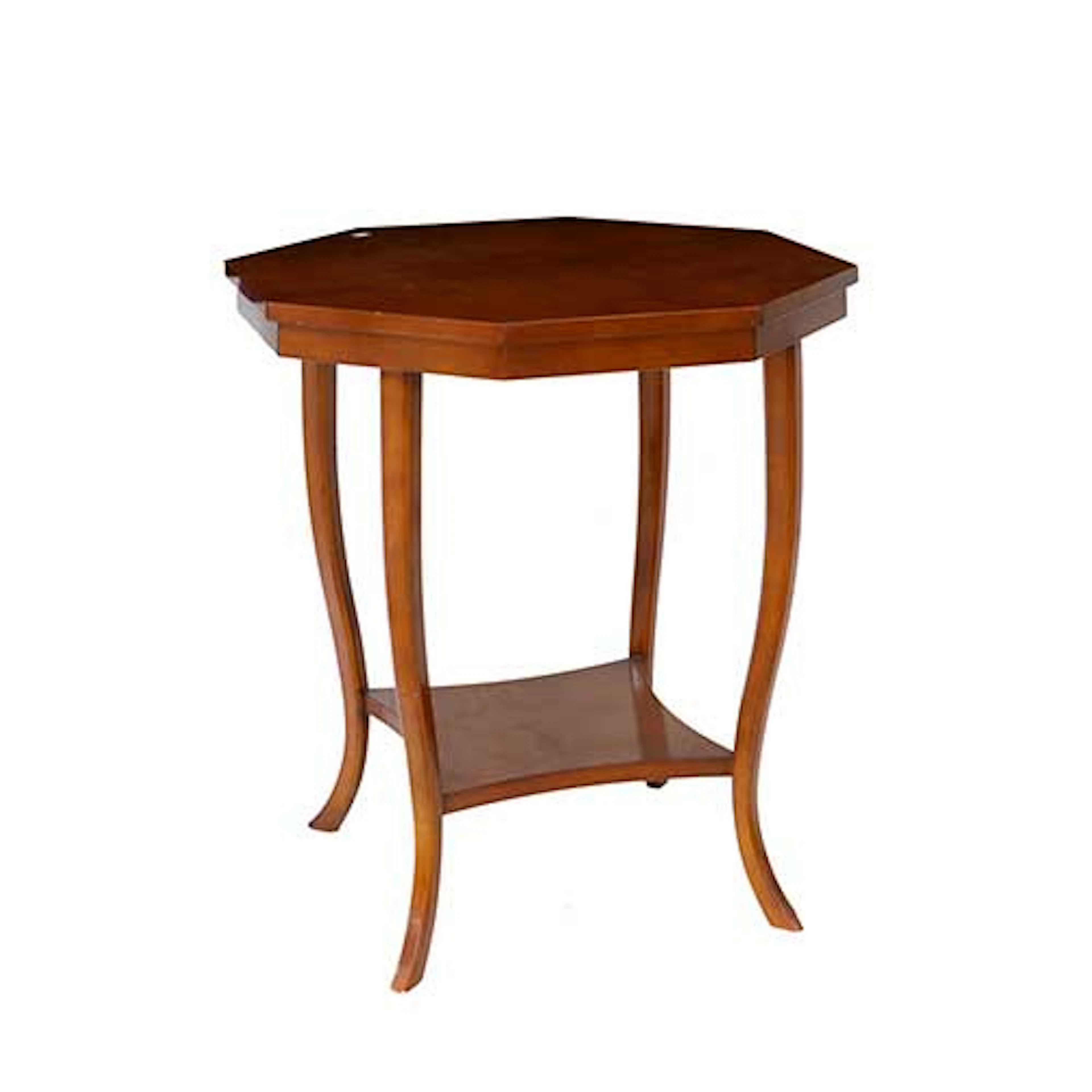 Mesa octogonal en madera de cerezo con cuatro patas combadas y bandeja