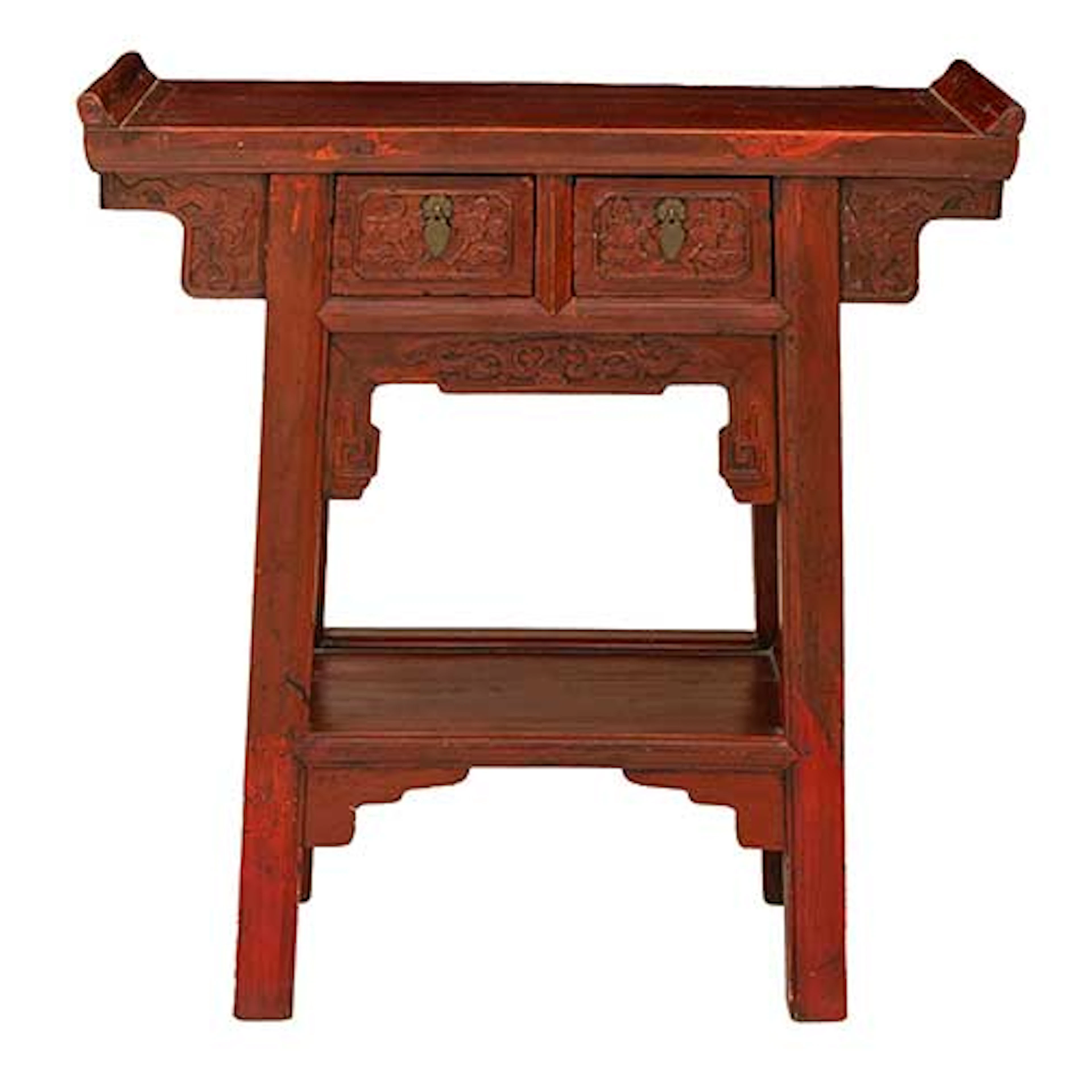 Mesa de altar tibetano en madera tallada lacada en rojo.