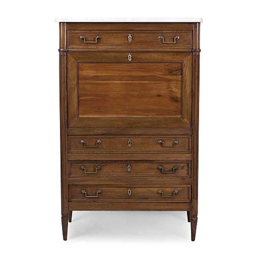 Secrtaire abattant estilo Luis XVI en madera de nogal y cerezo, con