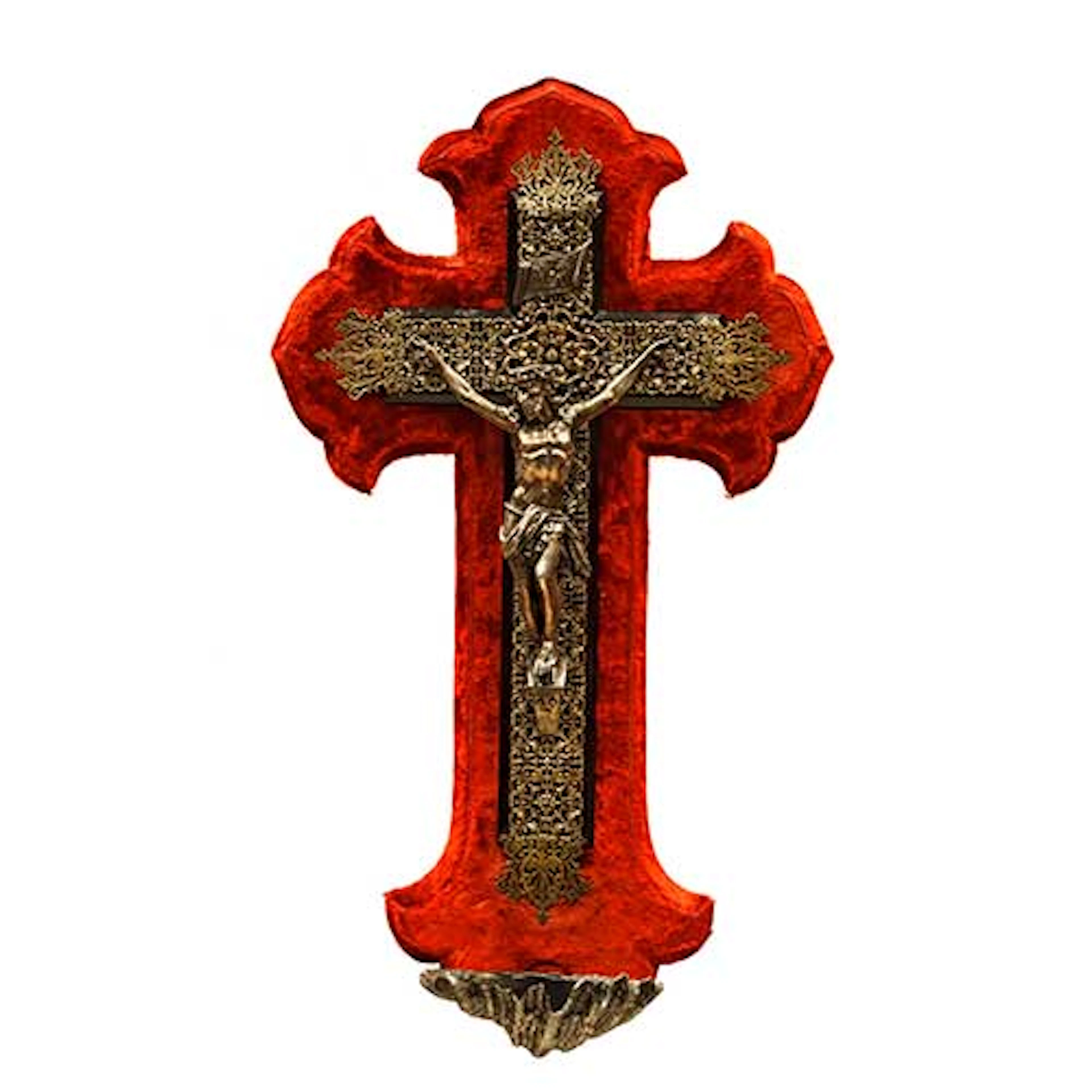 Gran aguabenditera con Cristo en calamina sobre cruz de filigrana
