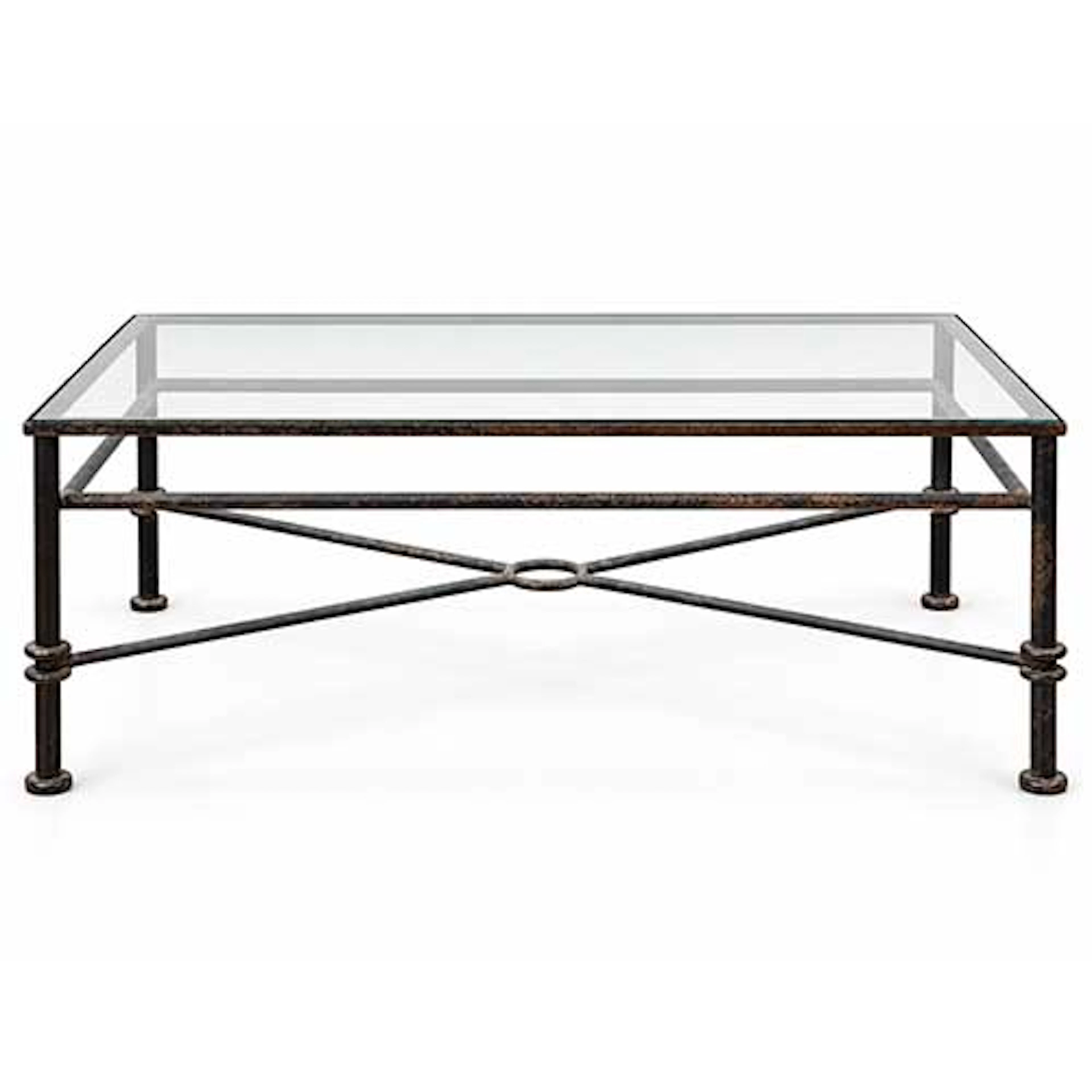 Mesa baja de caf en hierro patinado con tapa de cristal