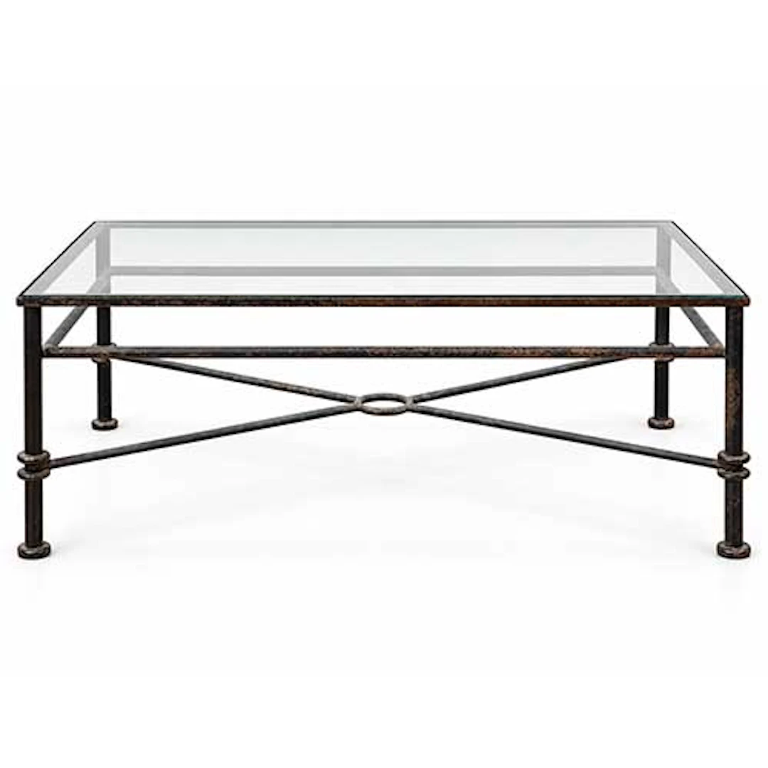 Mesa baja de caf en hierro patinado con tapa de cristal