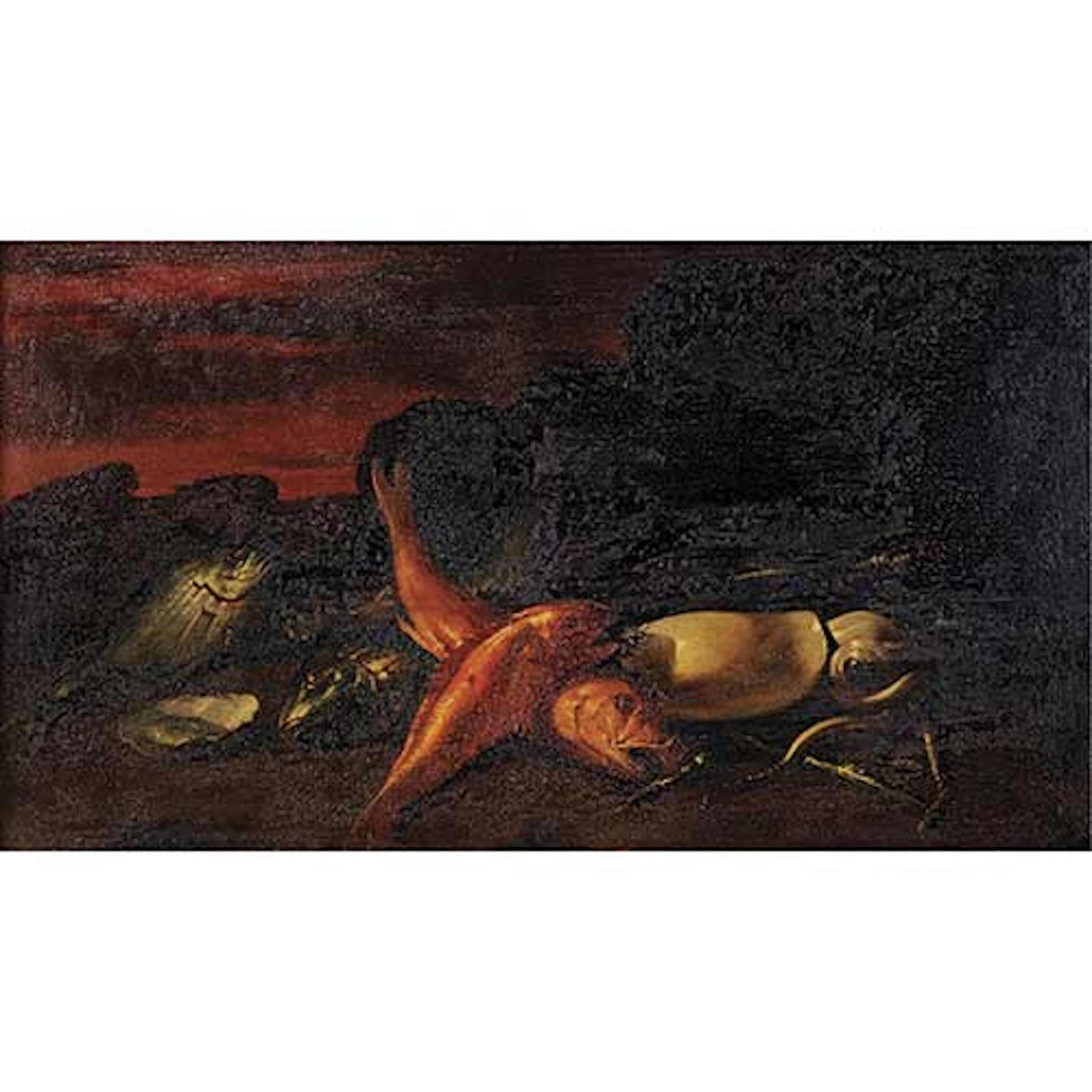 Peces, ostra y calamar en un paisaje