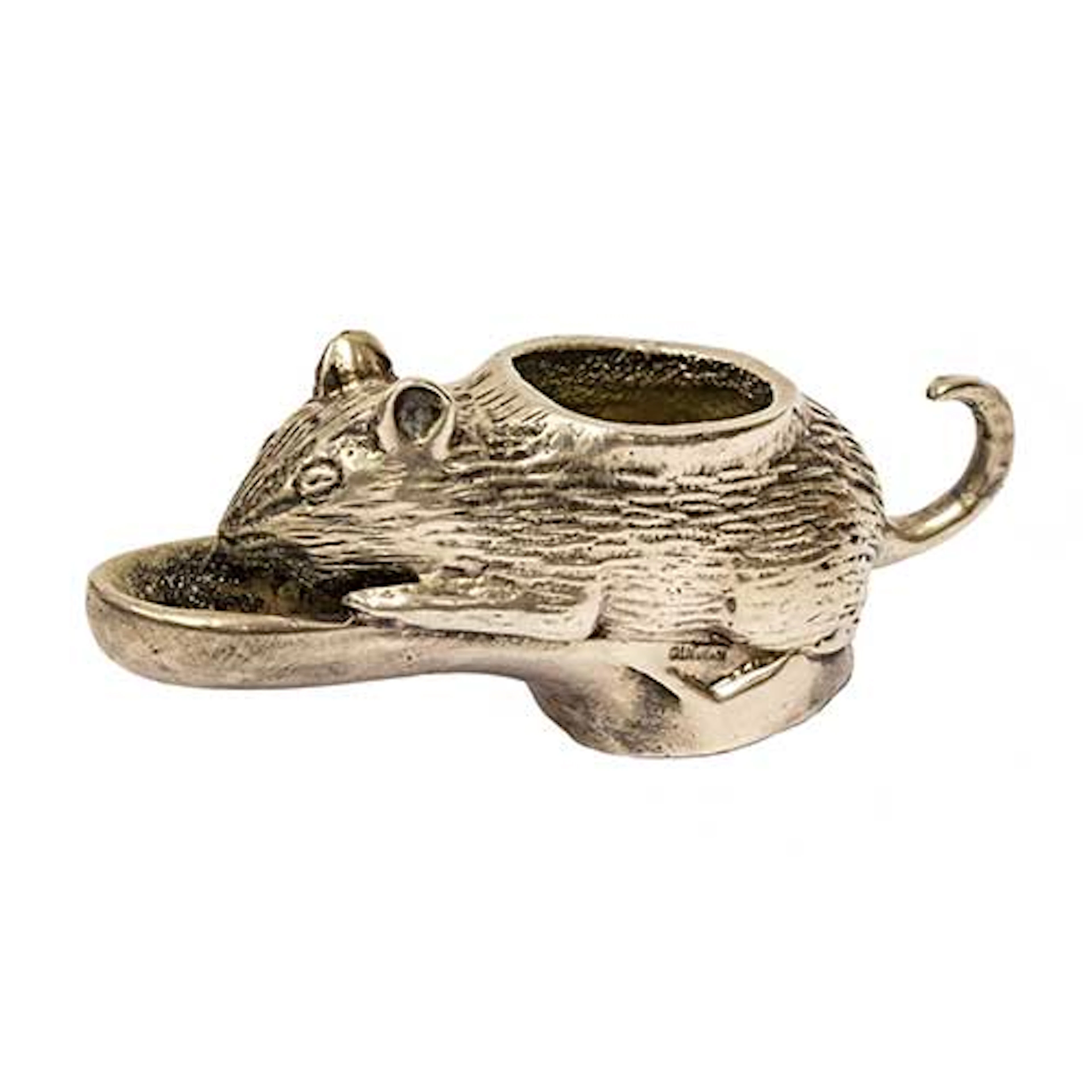 Palmatoria con forma de ratn en bronce plateado.
