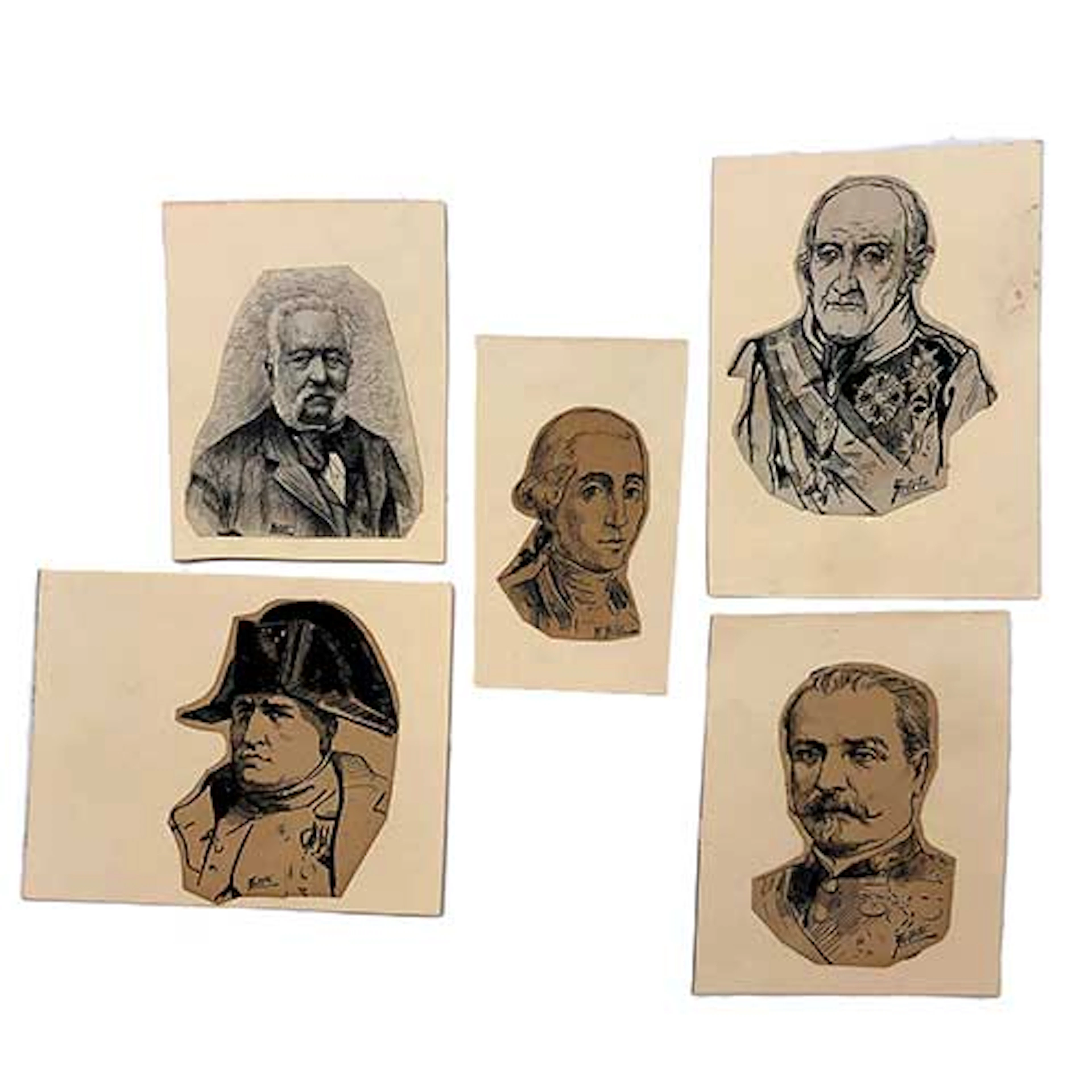 Cinco dibujos a tinta y recortados.