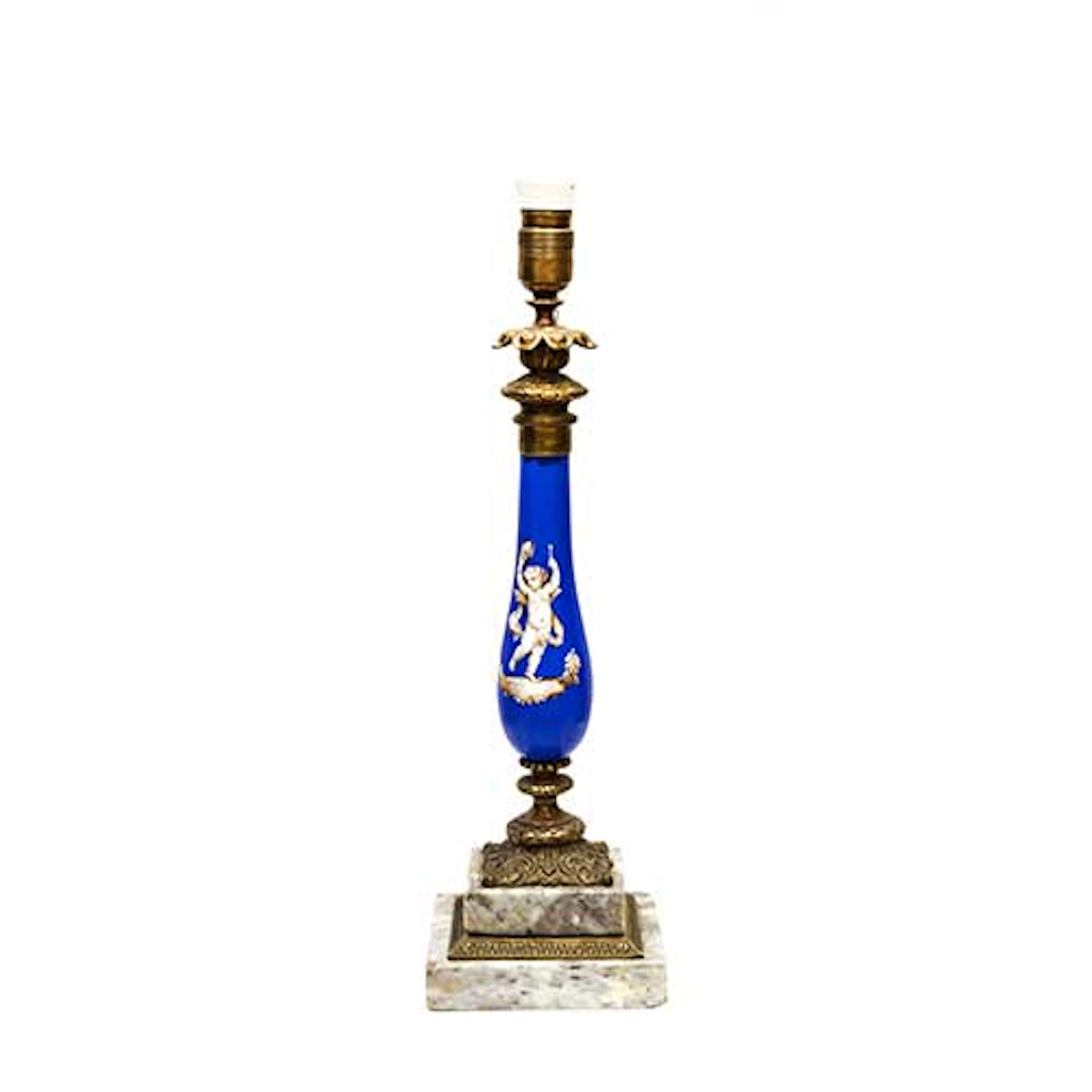 Lmpara de mesa con base de mrmol y bronce y fuste de porcelana pintada