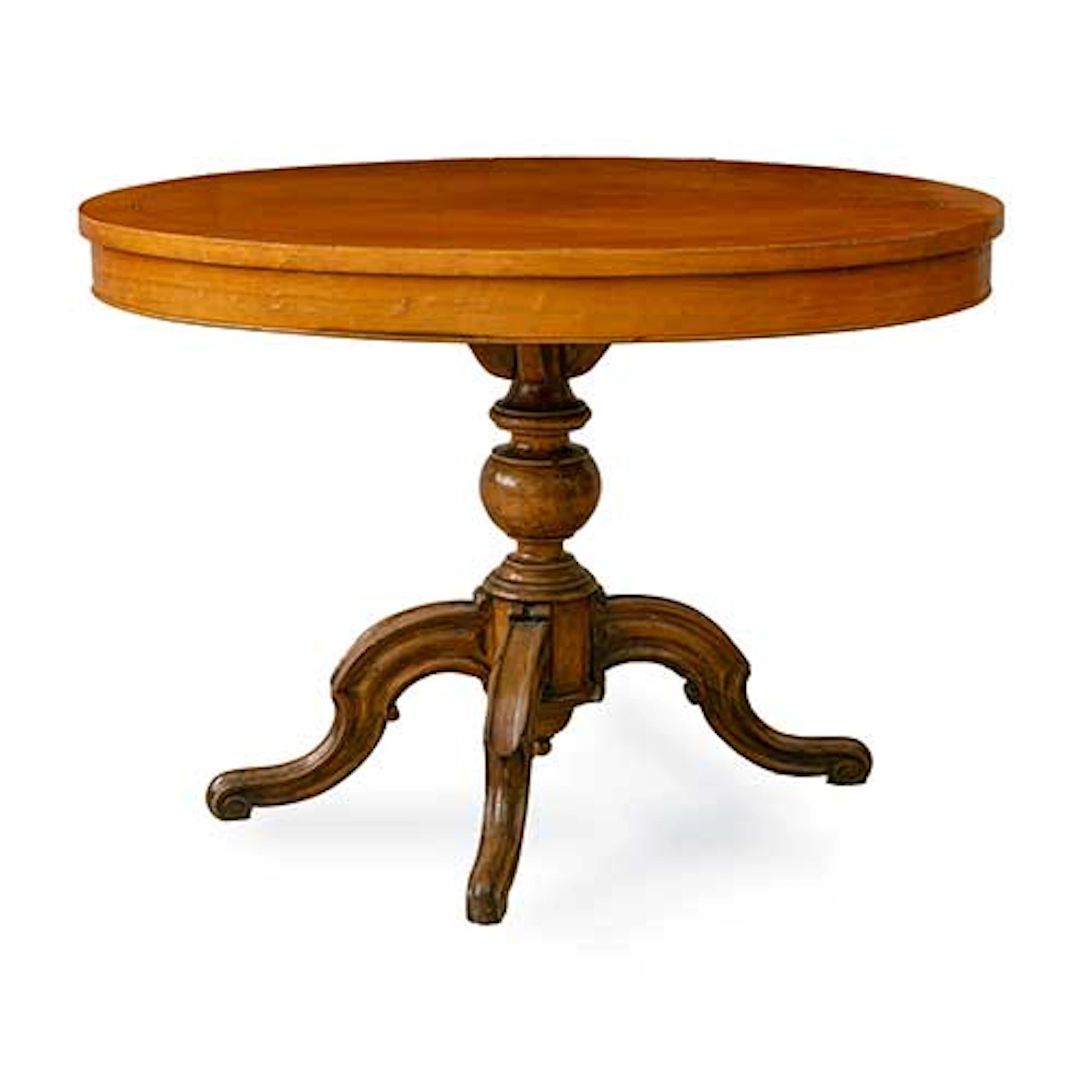 Mesa ovalada con pie central en madera patinada, tapa con valo de marquetera