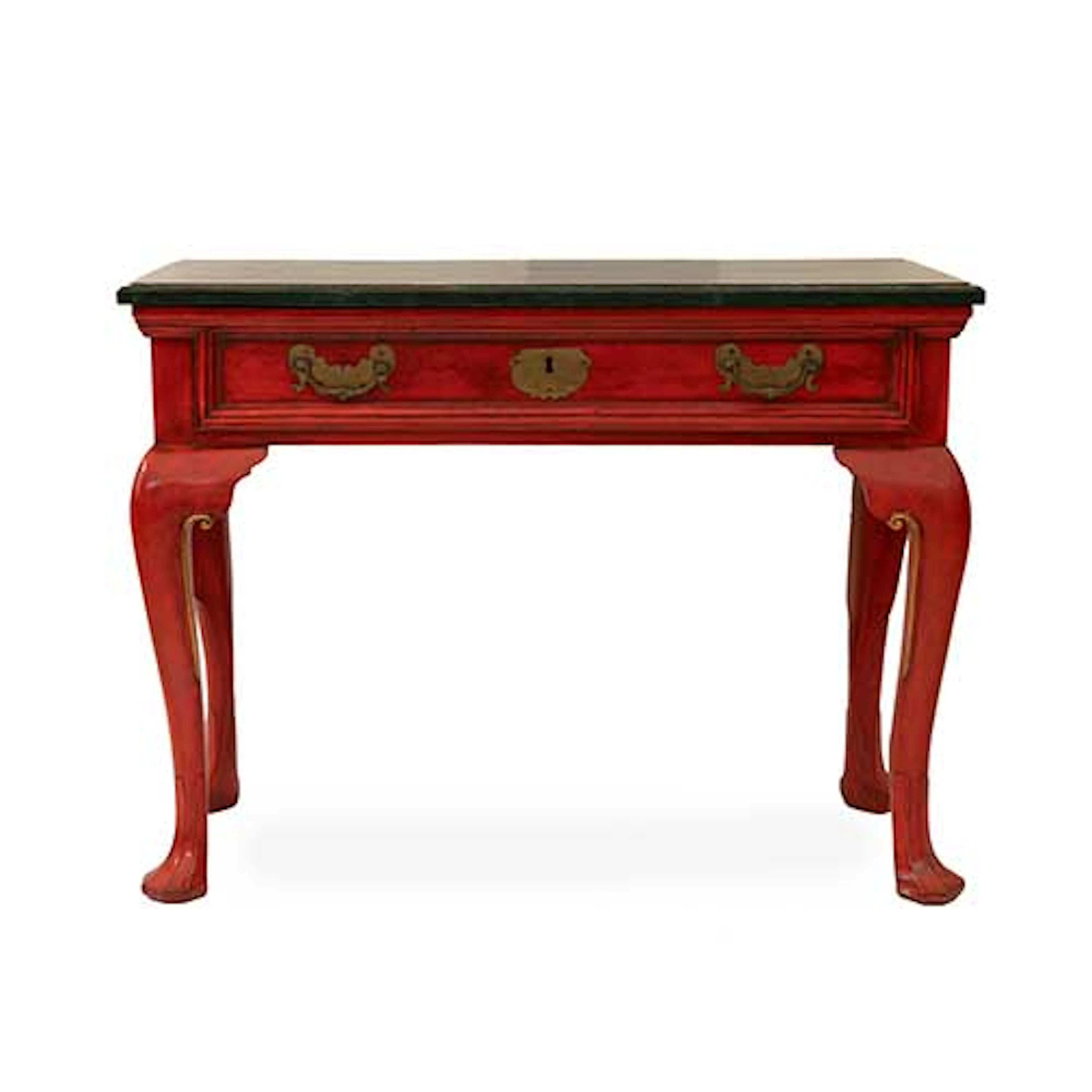 Consola china lacada en rojo con cajn y tapa marmoreada