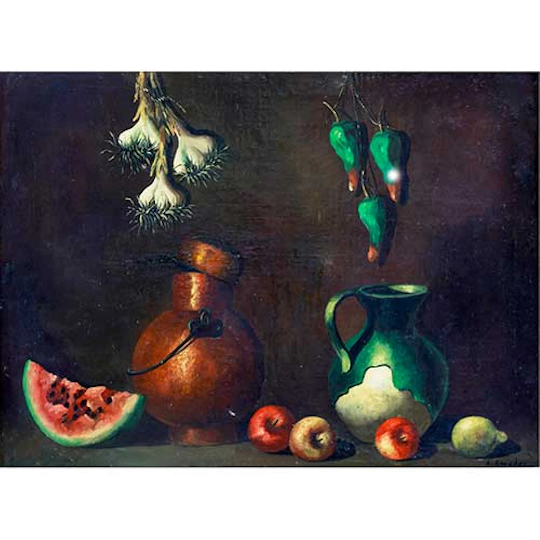 Bodegn con vasijas y piezas de fruta